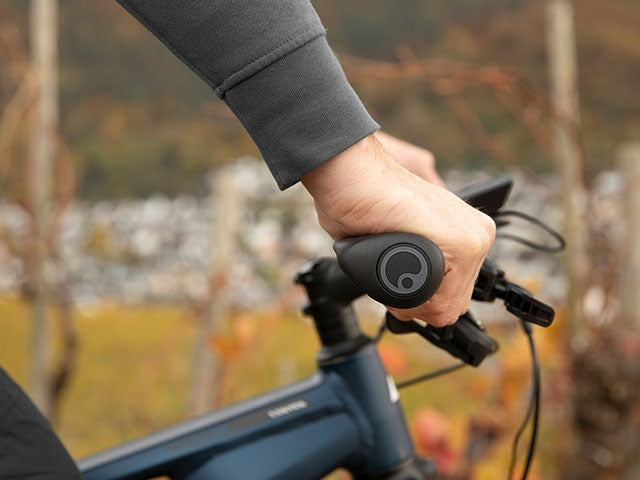 Hand gripping a bike handlebar with a blurred autumn landscape in the background