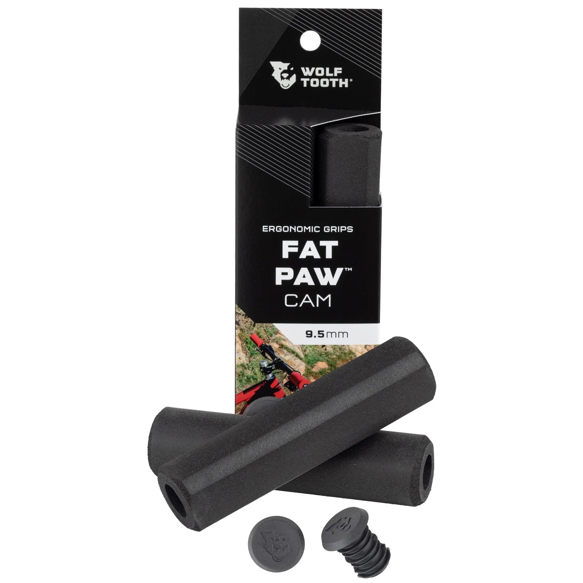 Black ergonomic grips with packaging labeled 'Wolf Tooth' on a white background
