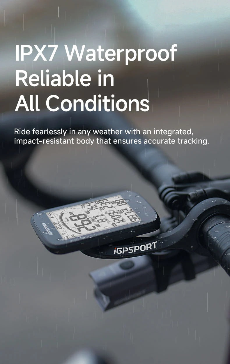 IGPSPORT Bicycle computer with IPX7 waterproof feature on a blurred background