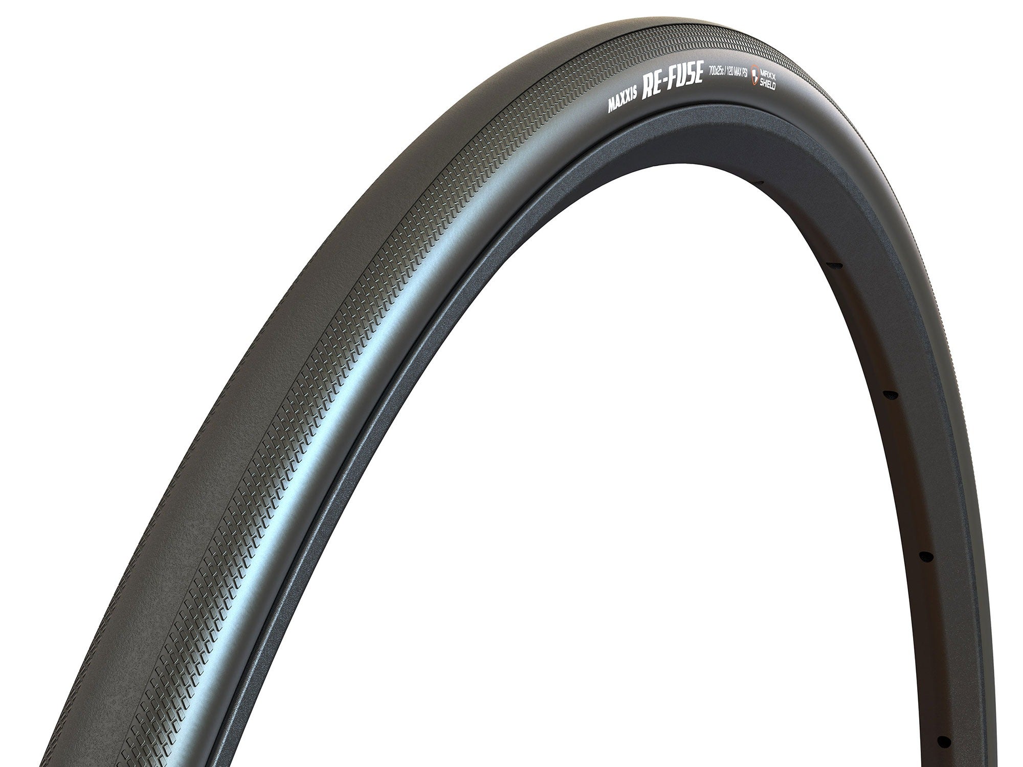 Road cycling tyre with tread pattern and brand name on a white background