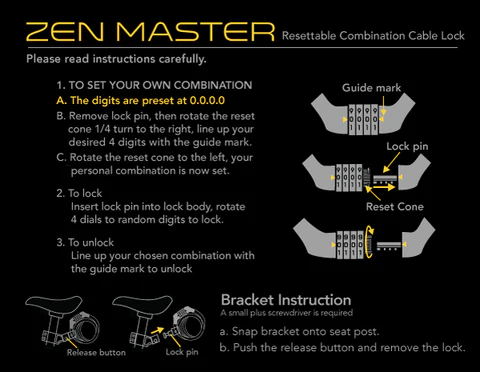 Instructions for setting a Zen Master resettable combination cable lock on a black background.