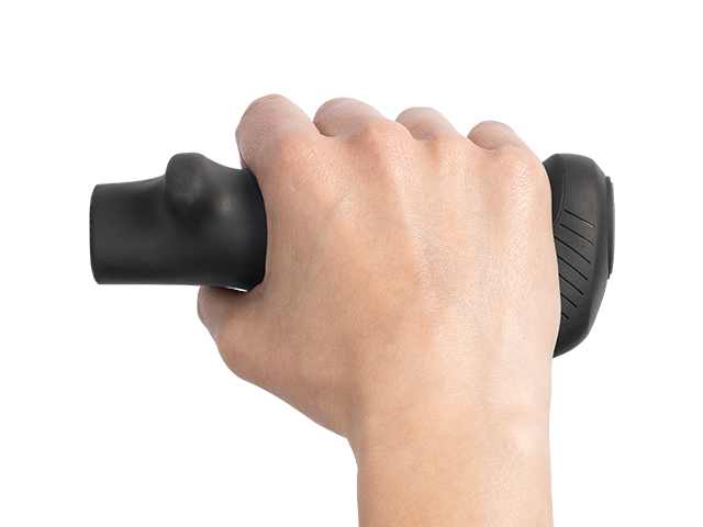 Hand holding a black bicycle handgrip on a white background