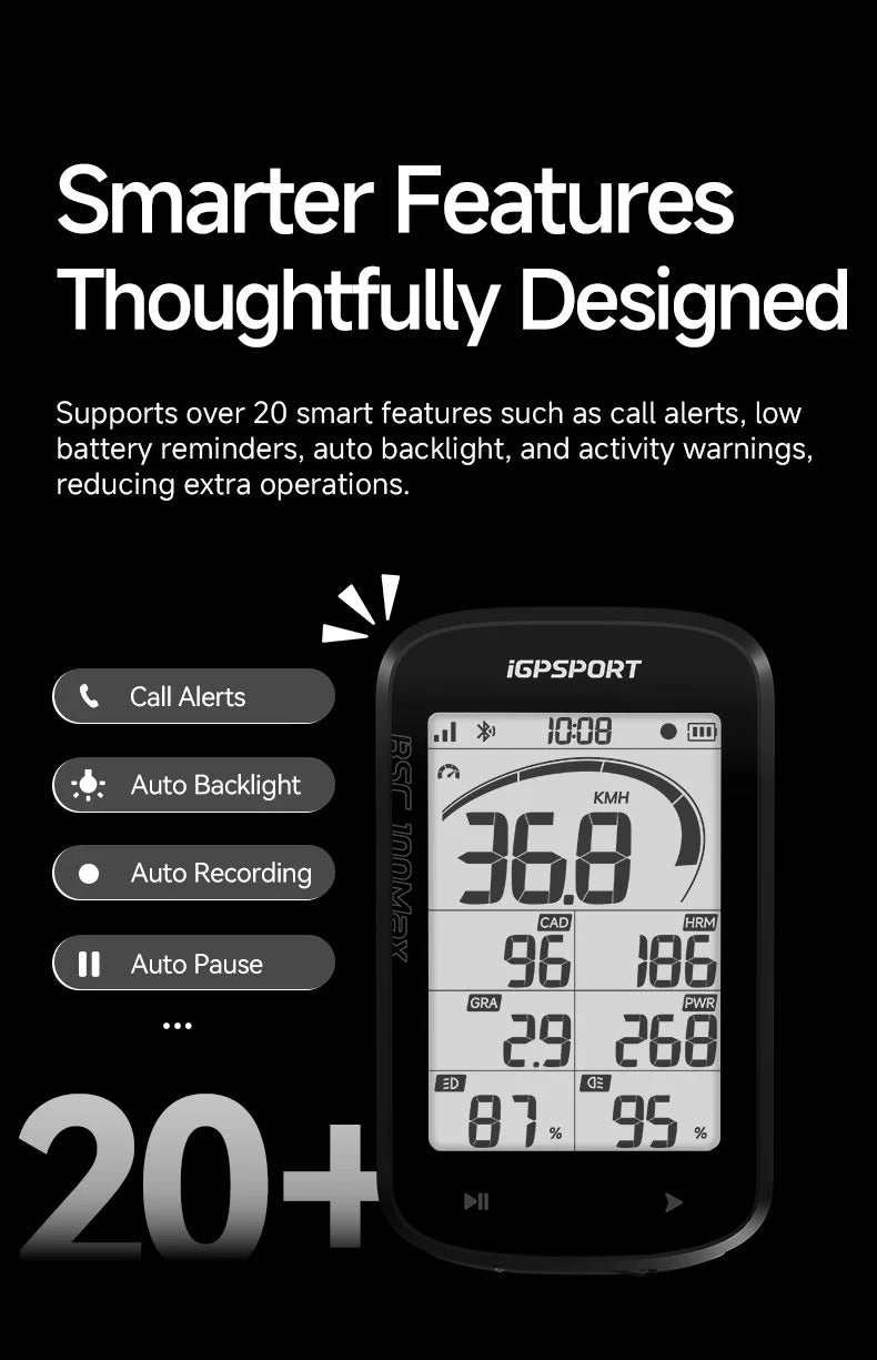 IGPSport device with digital display on a black background, highlighting smart features.