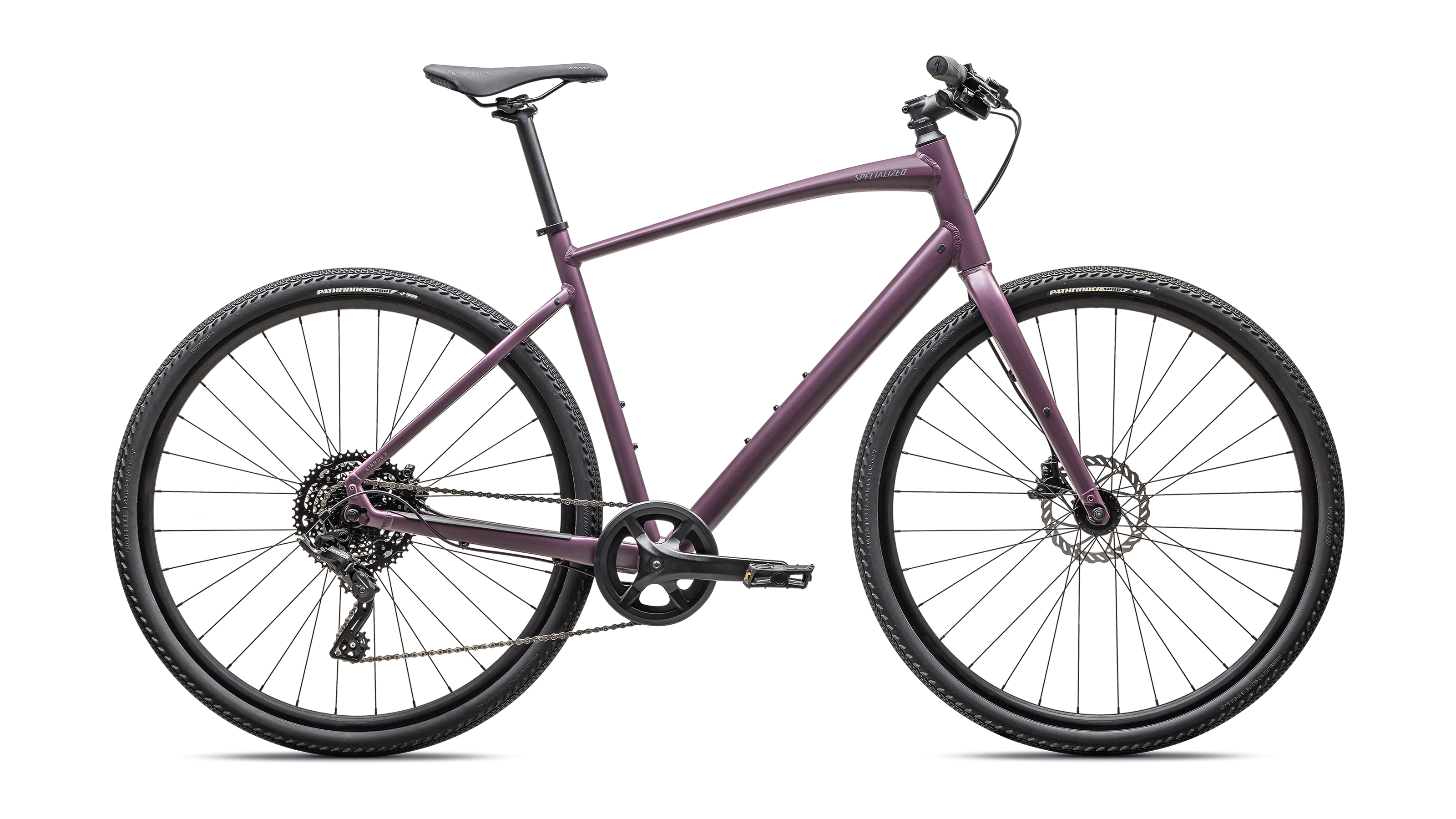Purple Specialized hybrid bicycle on a white background