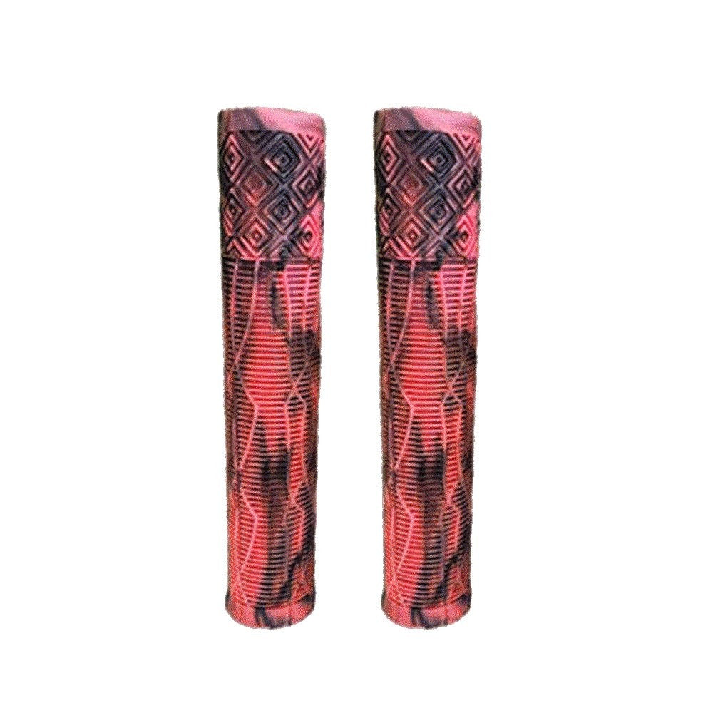 Pair of red and black patterned scooter grips on a white background
