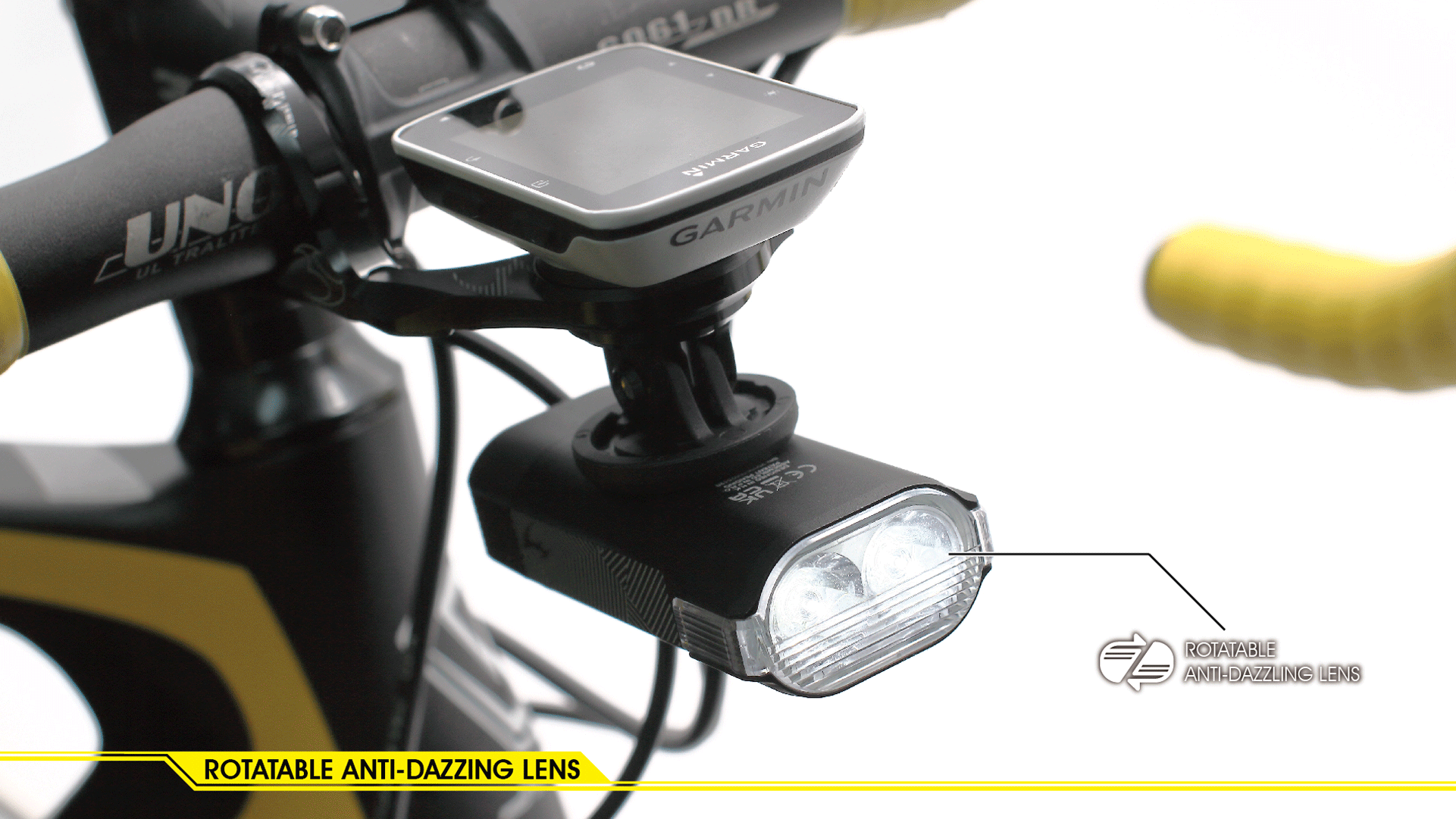 A GIF file showing a front bicycle light on a handlebar with the front lens being removed and replaced on a white background