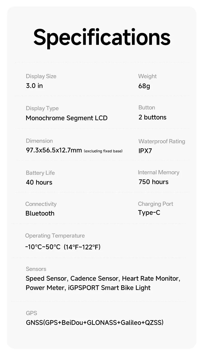 Product specifications table on a white background