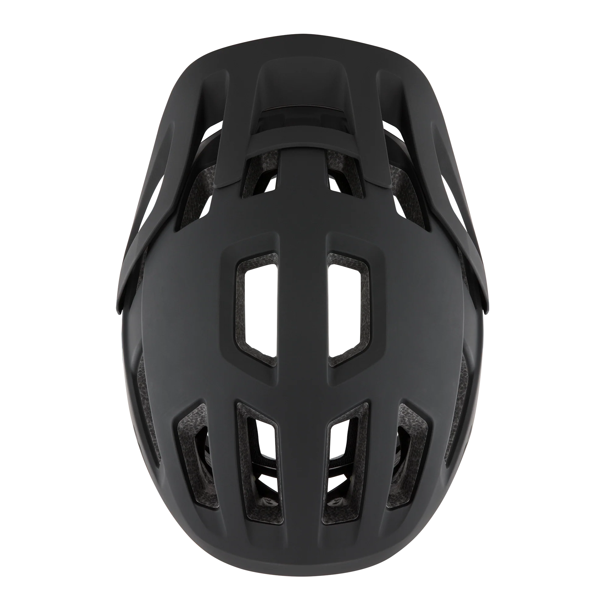 Top view of a black mountain bike helmet with a unique design on a white background
