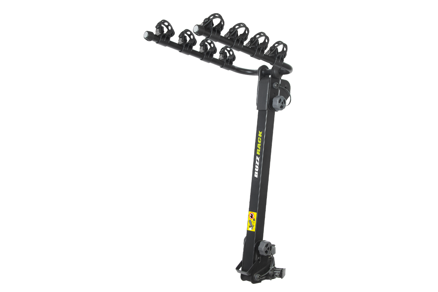 Black Buzz Rack bike rack with yellow label on a white background