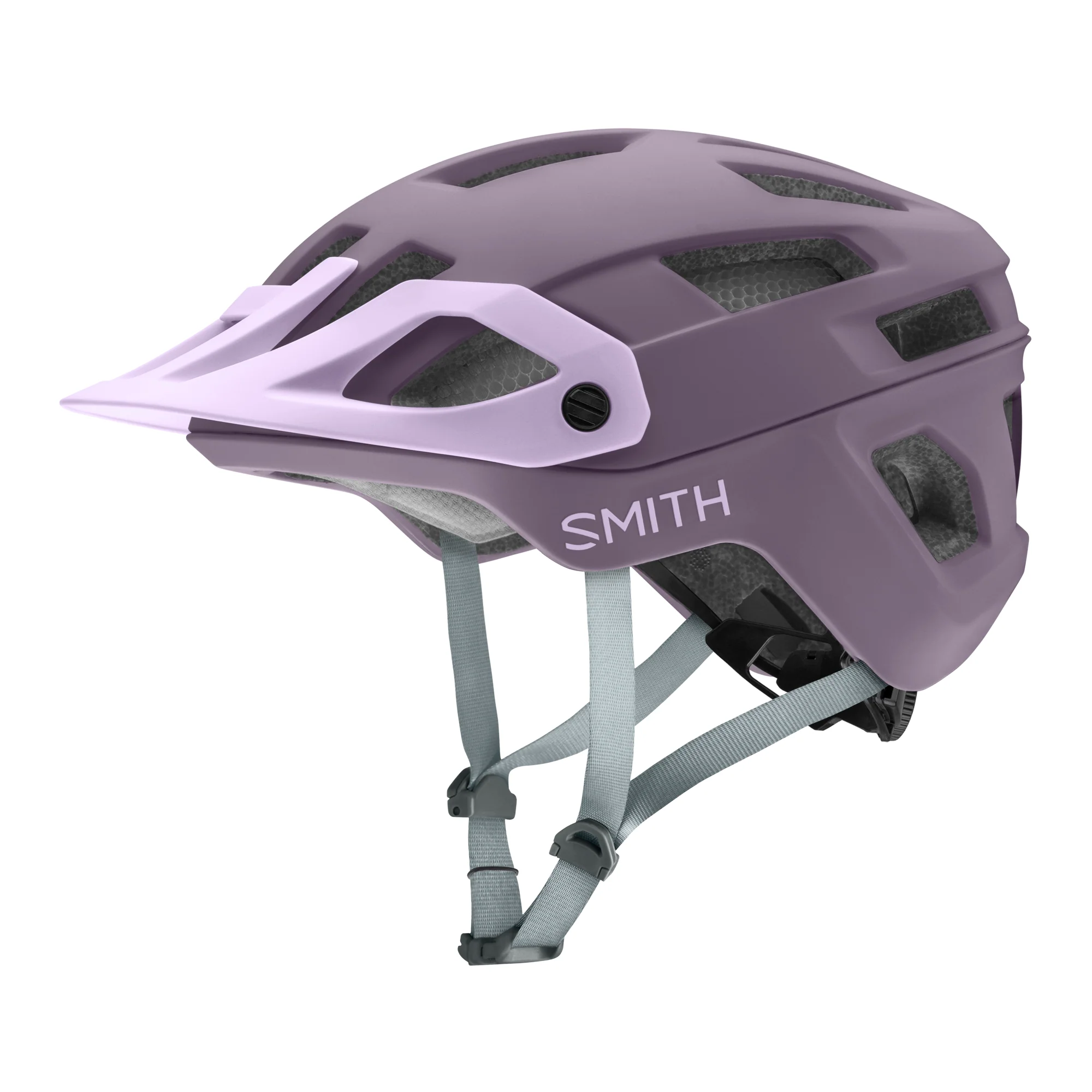 Purple mountain bike helmet with a lilac visor with 'Smith' branding on a white background