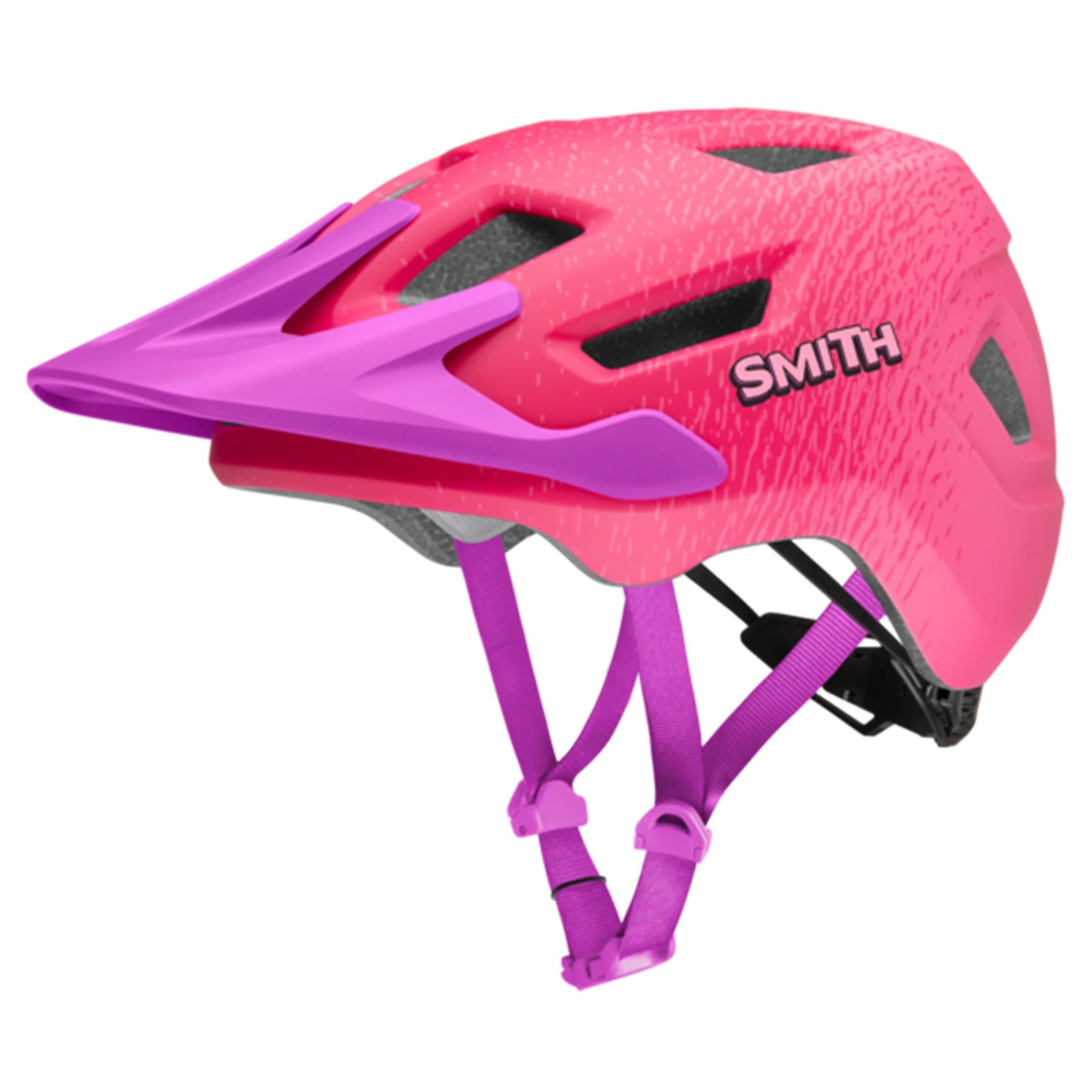 Pink and purple kids bicycle helmet with 'Smith' branding on a white background