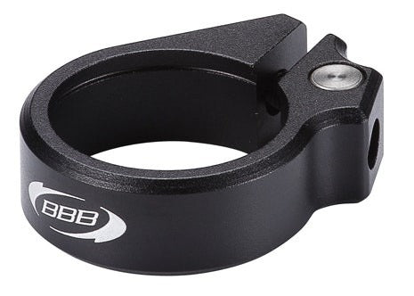 Black bicycle seat clamp with BBB logo on a white background