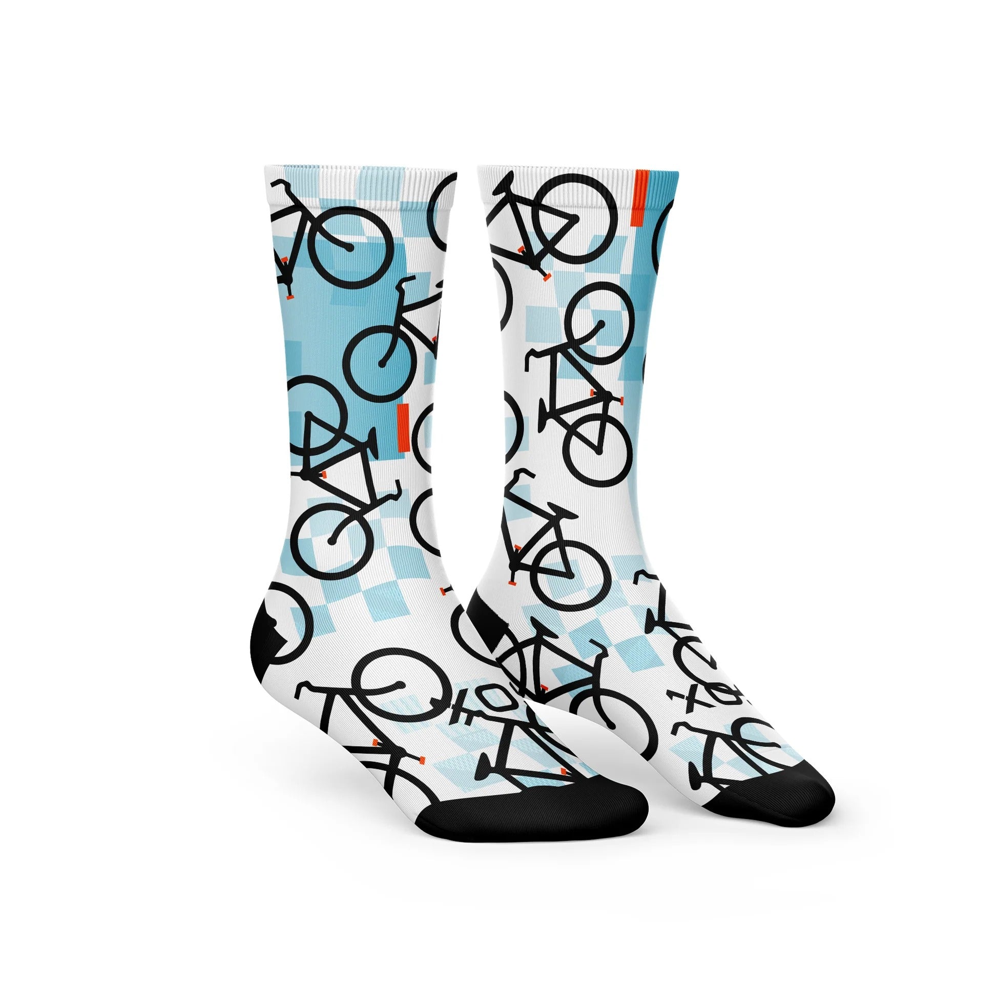 White and blue cycling socks with bikes on the print with black accents on a white background