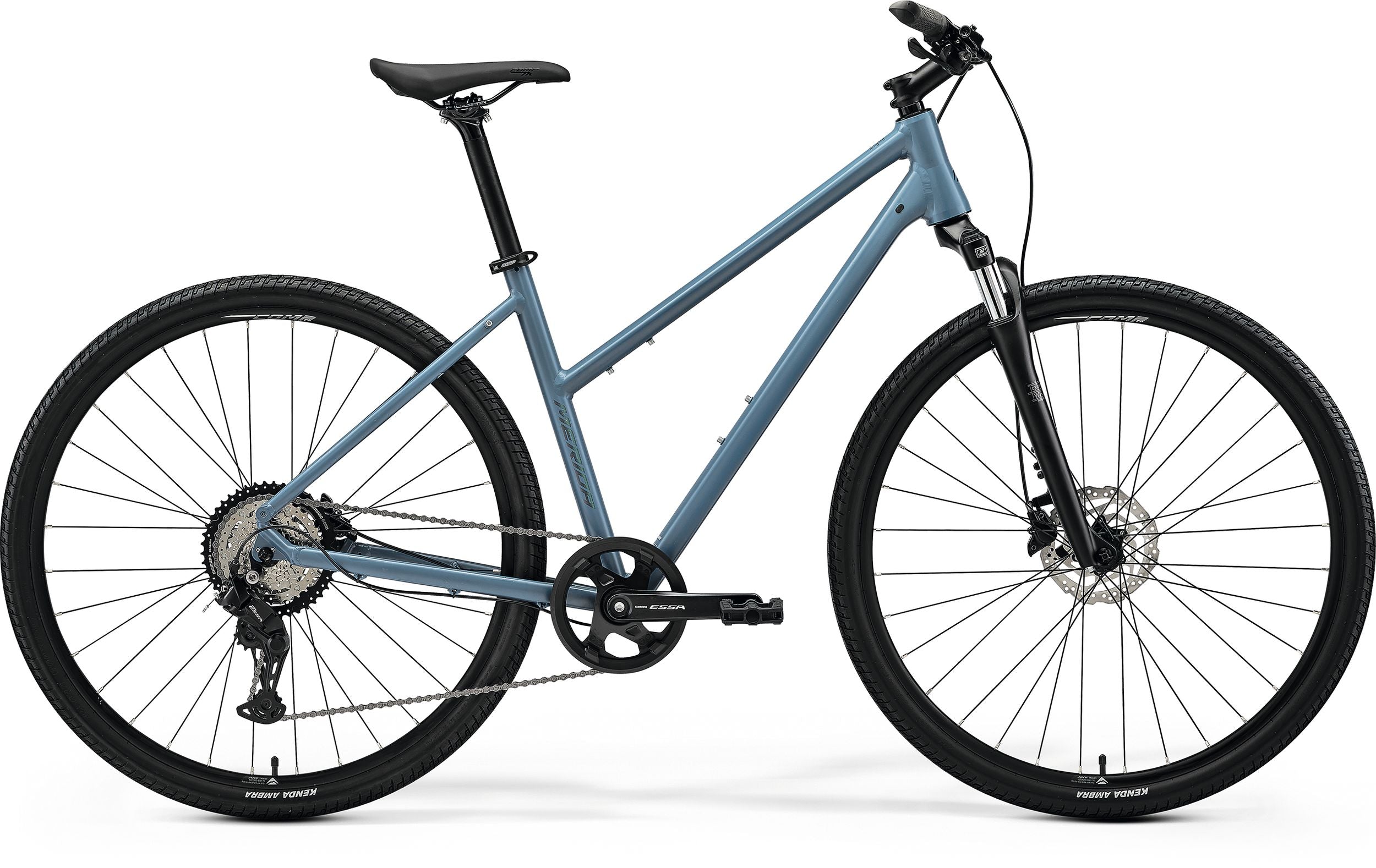 A blue ladies hybrid bike against a white background