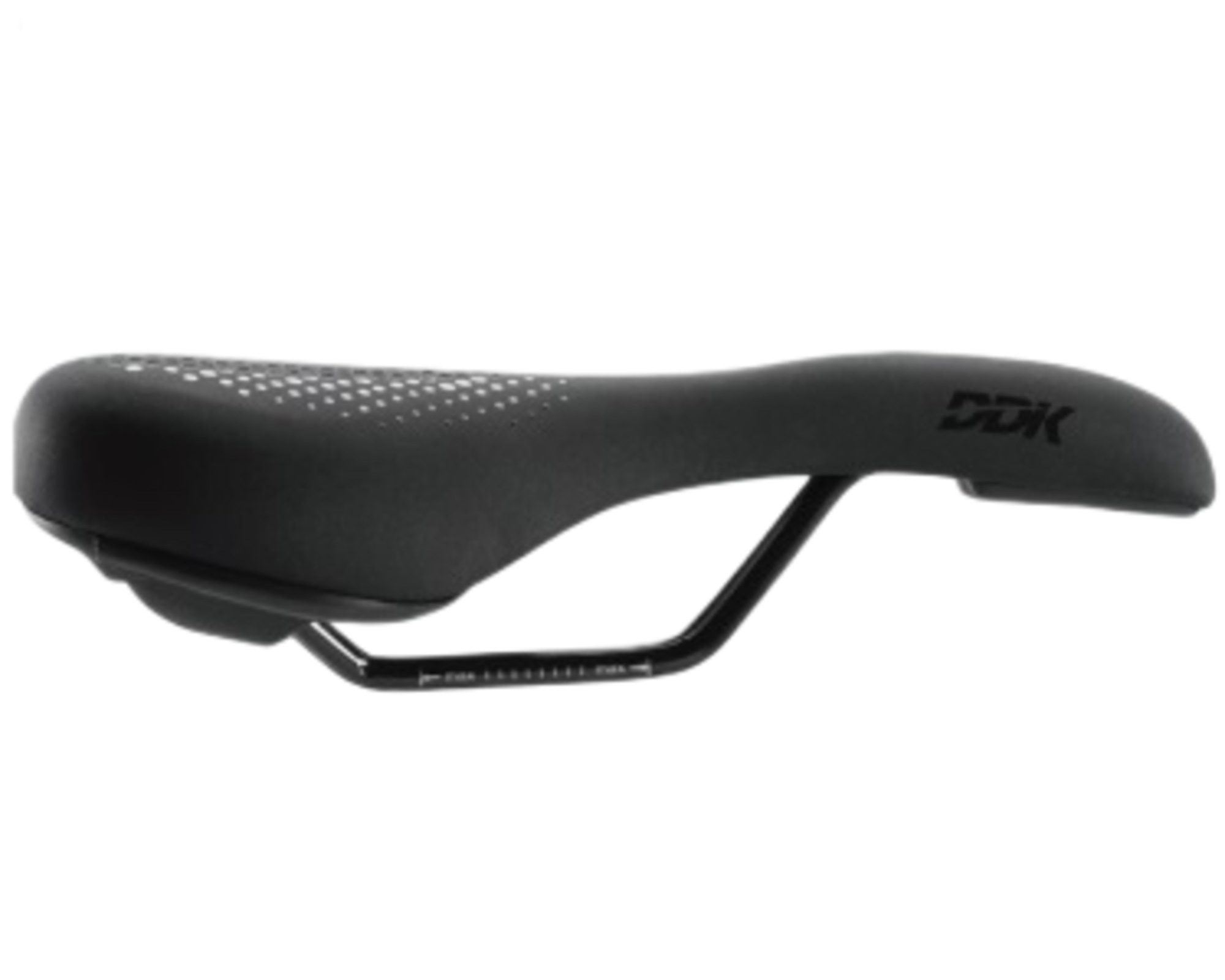 Black bicycle saddle with 'DDK' branding on a white background