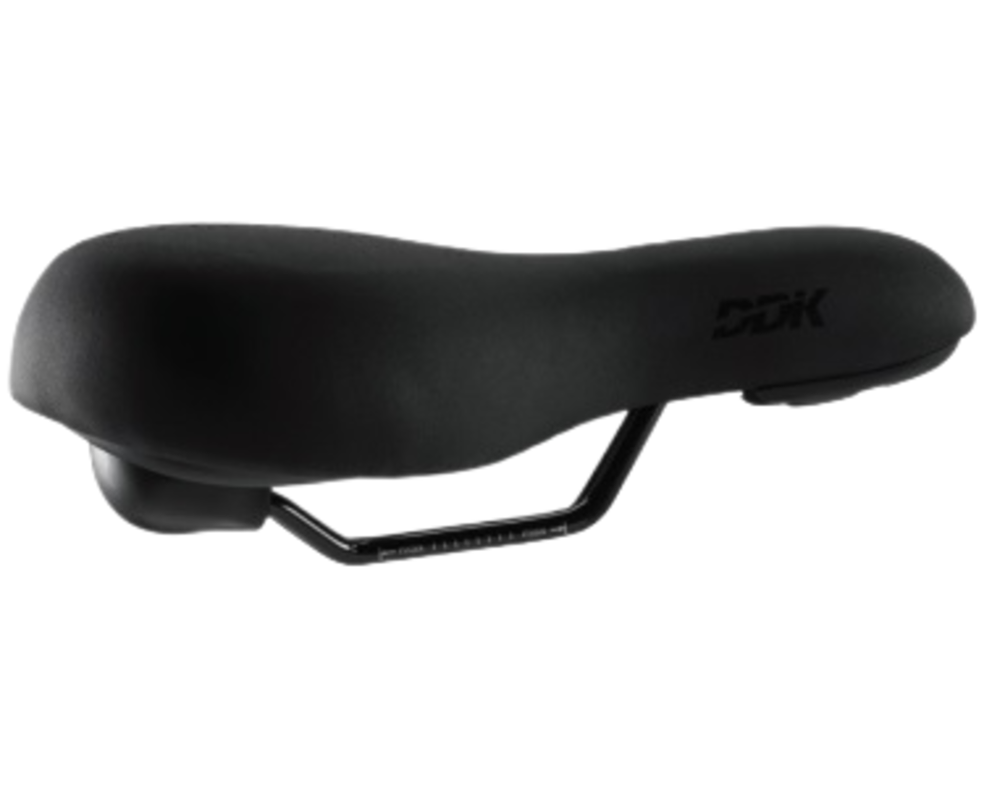 Black bicycle saddle with 'DDK' branding on a white background