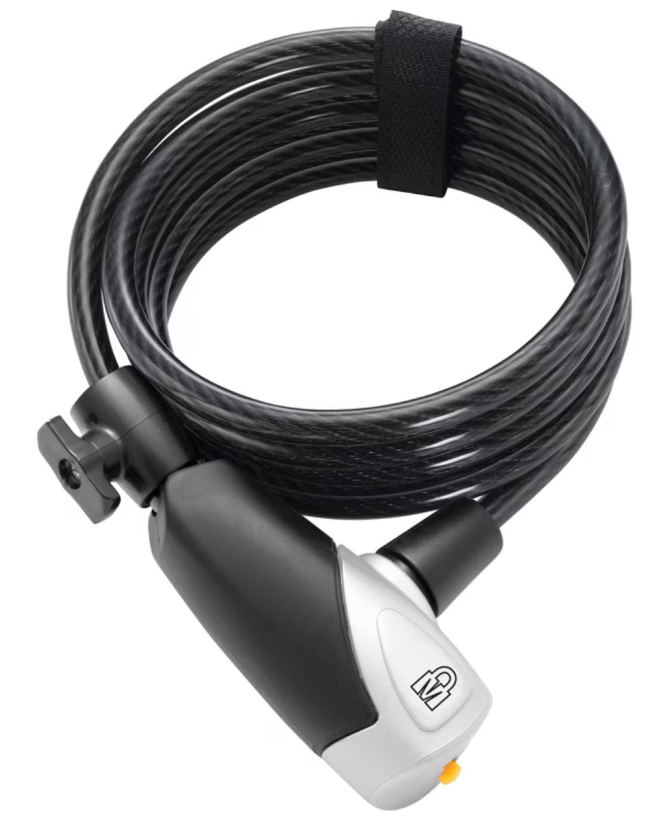 Coiled bike key lock with a black cable and gray and white housing on a white background