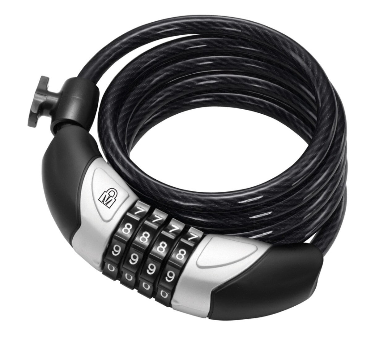 Coiled security cable lock with a numeric keypad on a white background