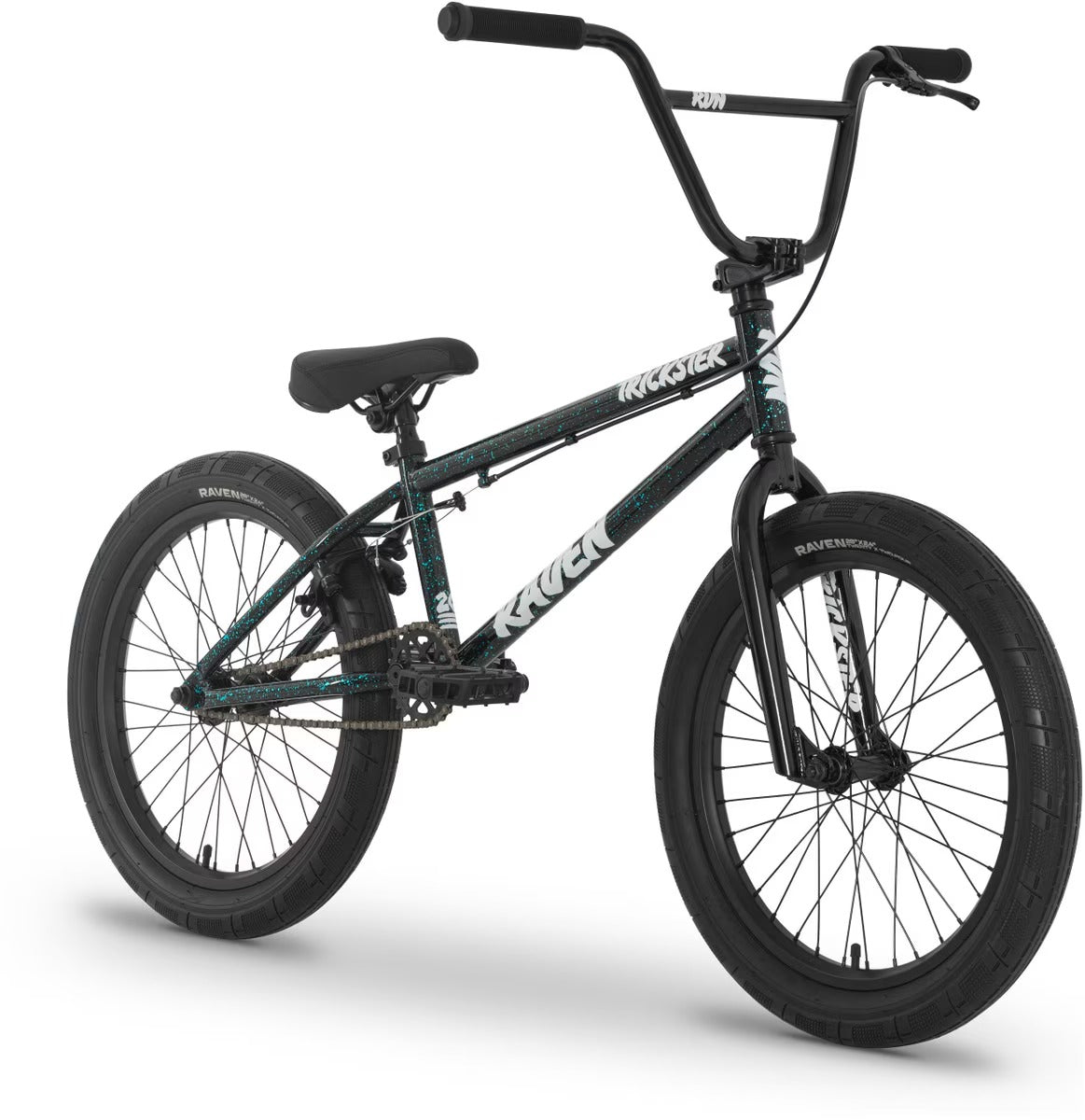 Black and green speckled Raven Trickster BMX bike with visible branding on a white background