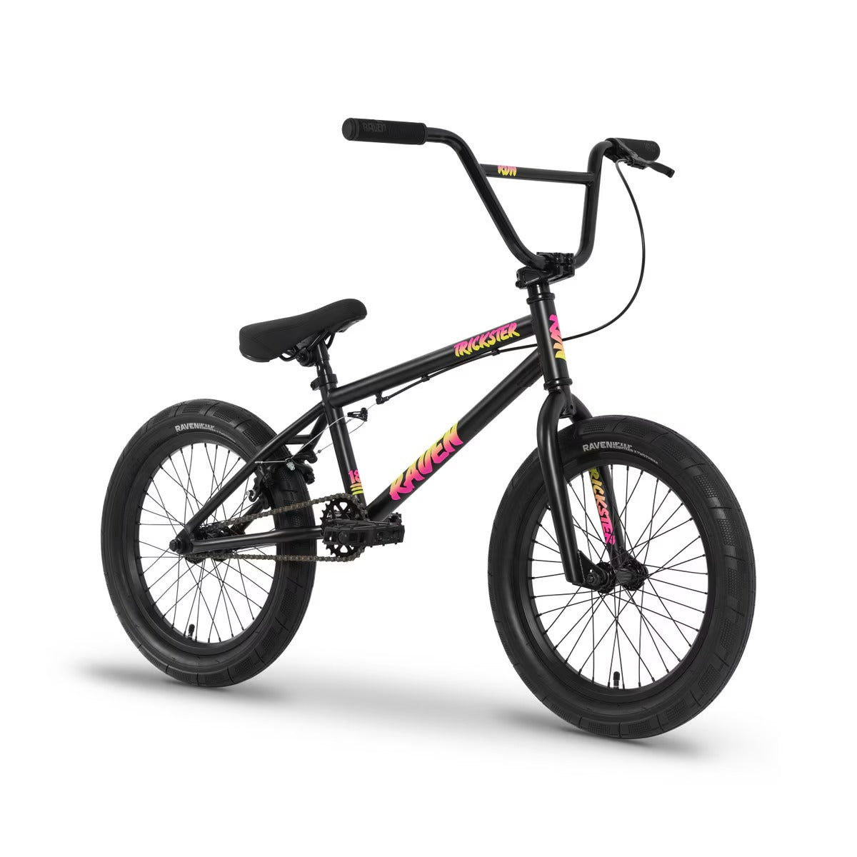 A black BMX bike with vibrant pink and yellow graphics on the frame, branded 'Raven' and 'Trickster', shown on a clean white background.