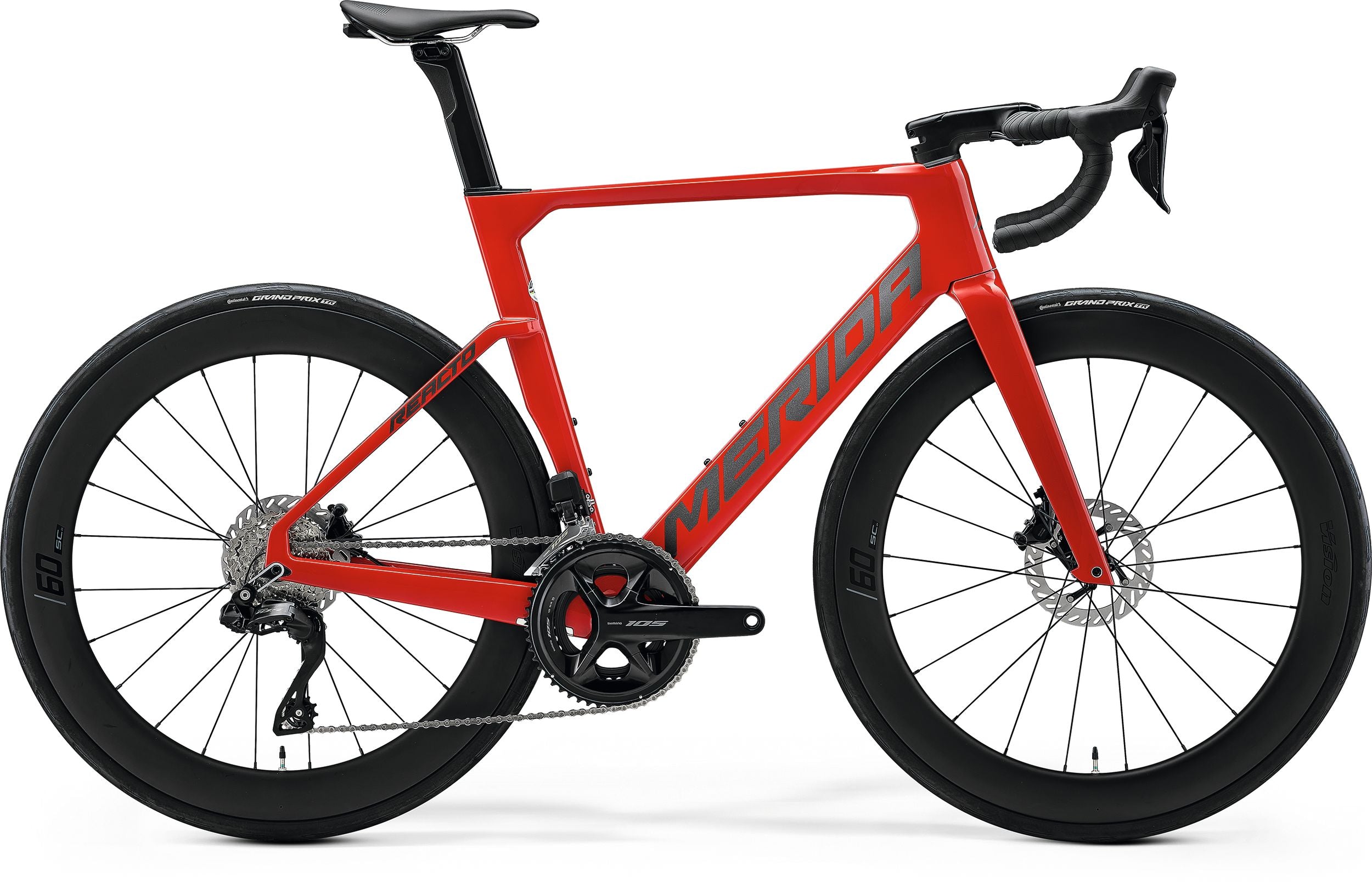 A red Merida Reacto Road Bike with silver 'Merida Logo' against a white background
