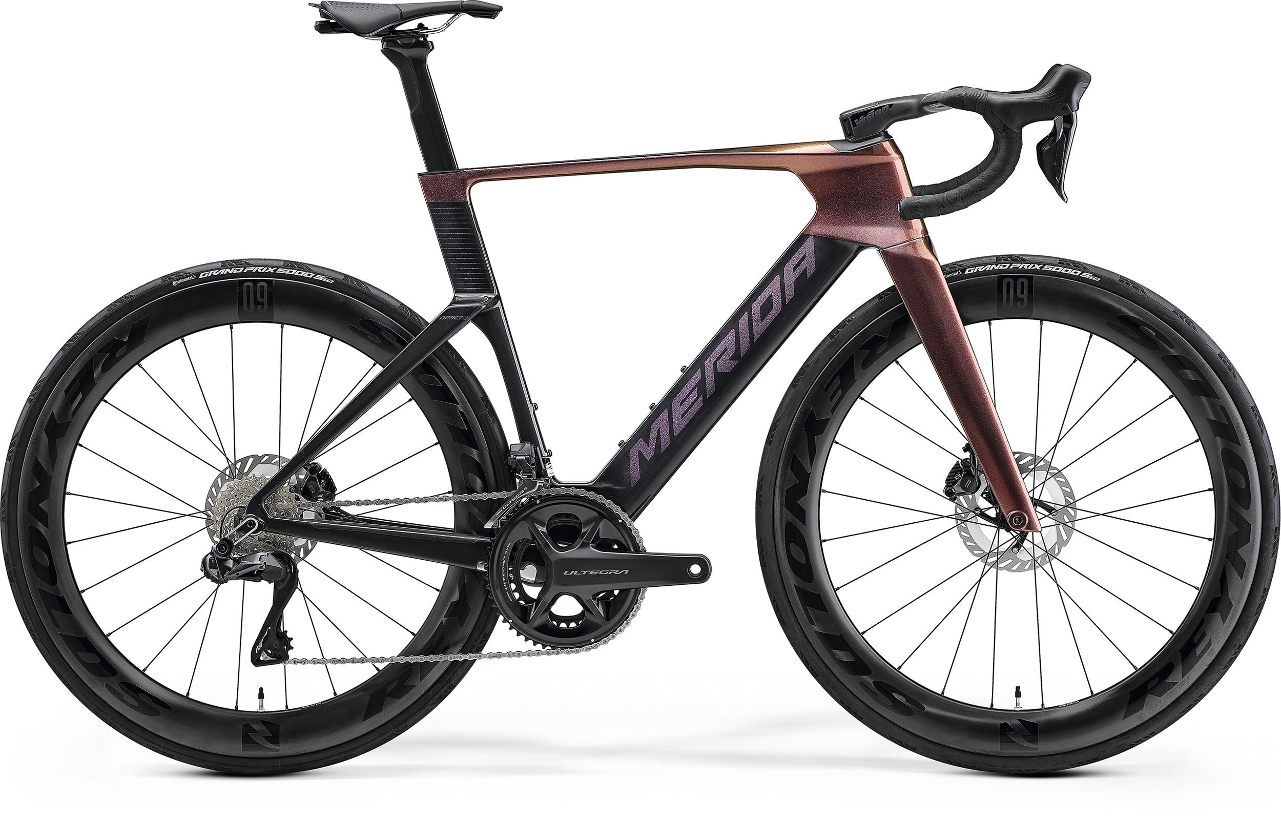 Purple and red Merida Aero Road Bike on a white background