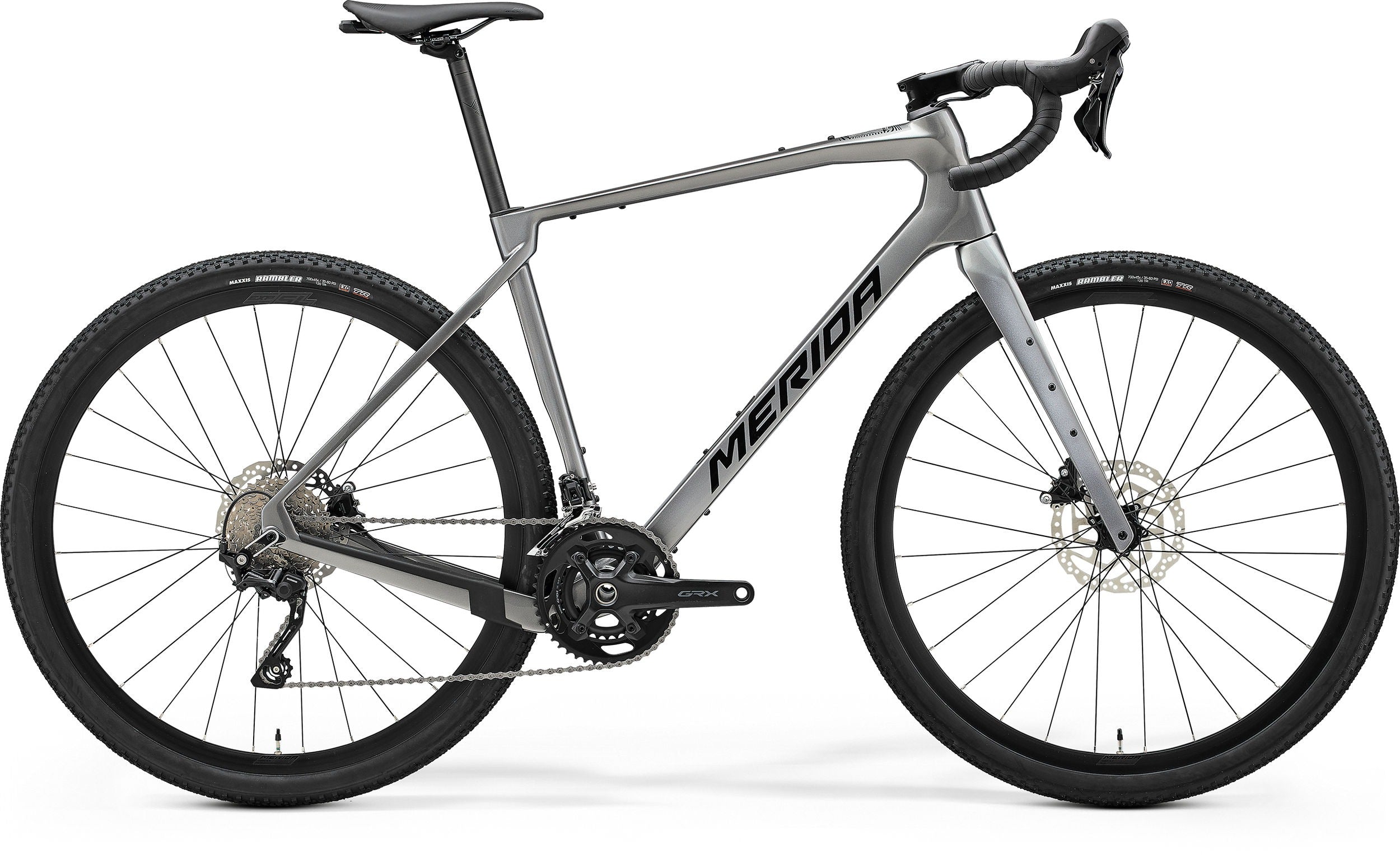 Gray Merida gravel bike on a white background