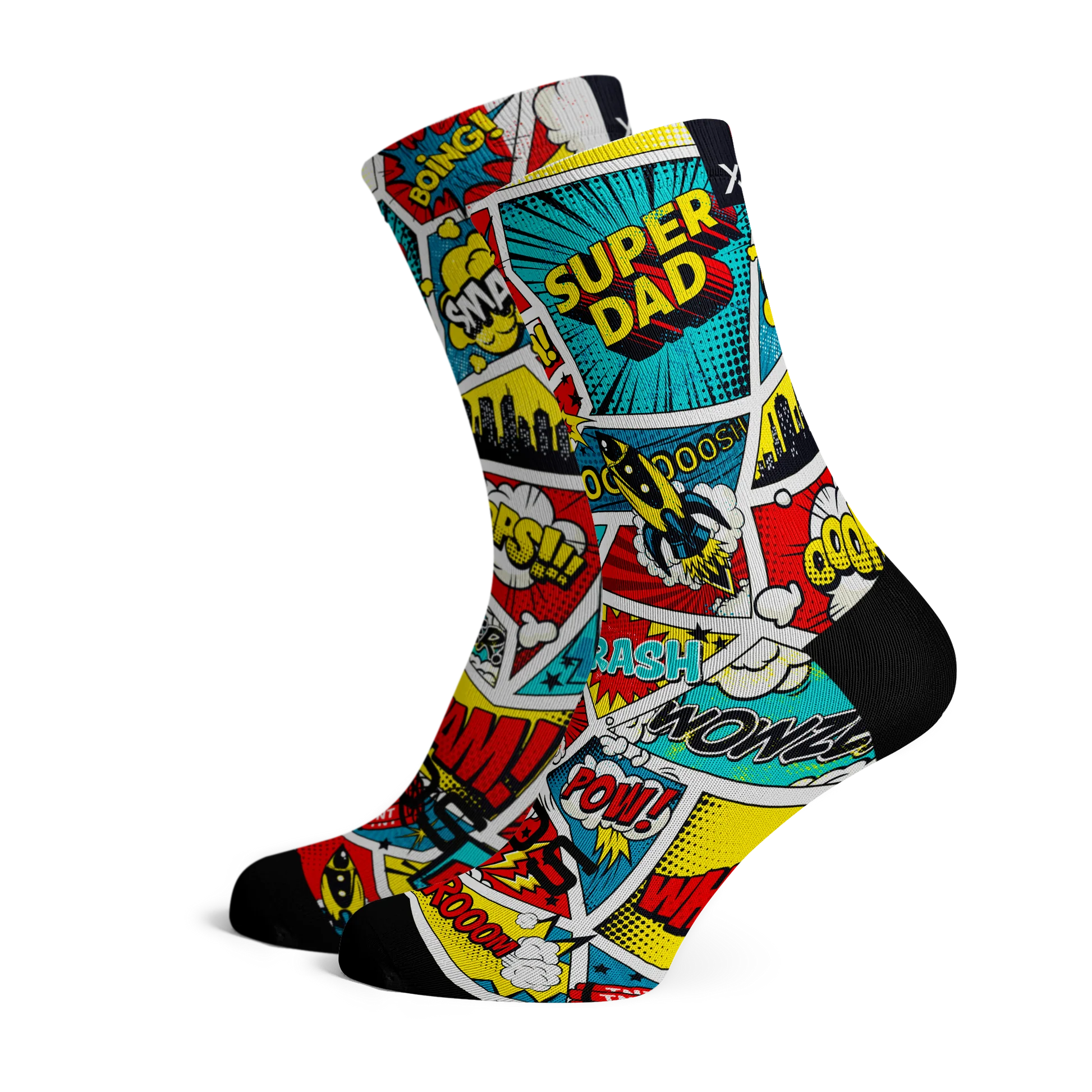 Colorful Super Dad cycling socks with comic book-style text and graphics on a white background
