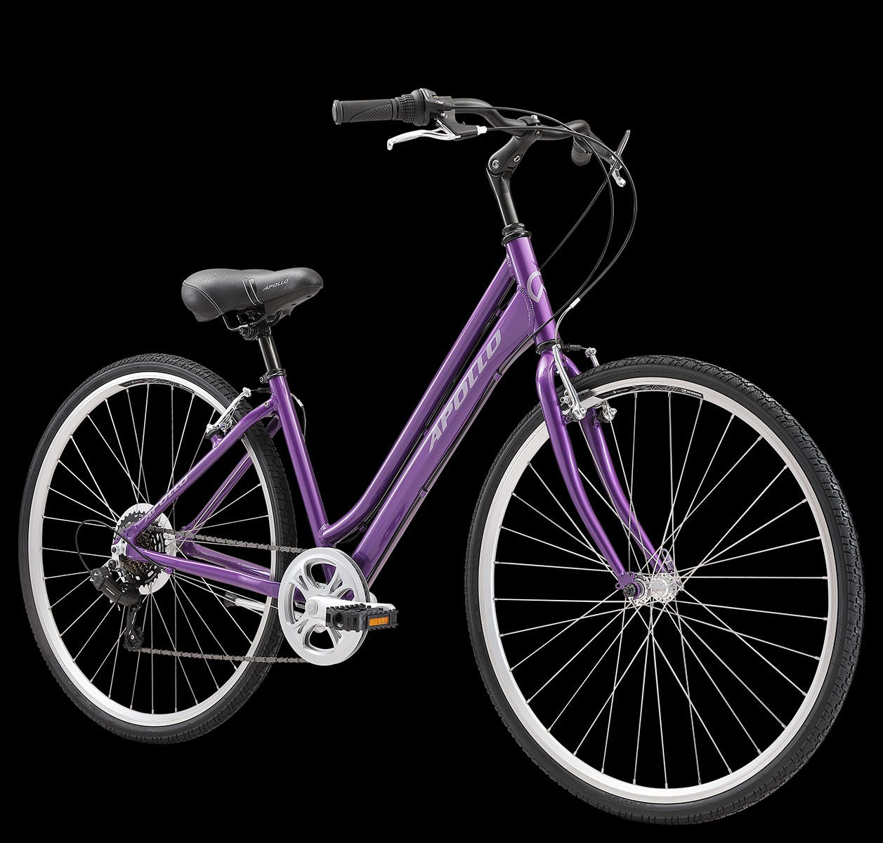 A purple Apollo step-through city bicycle with black handlebars, a black saddle, and white-spoked wheels, shown against a solid black background.