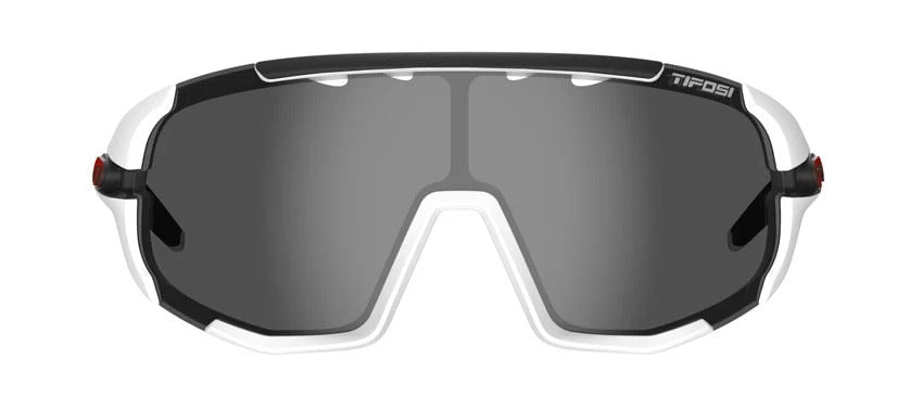 Sunglasses with black lenses and white frame on a white background