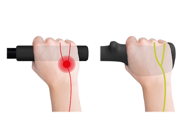Illustration of a hand holding a black bicycle hand grip with red and green lines on a white background