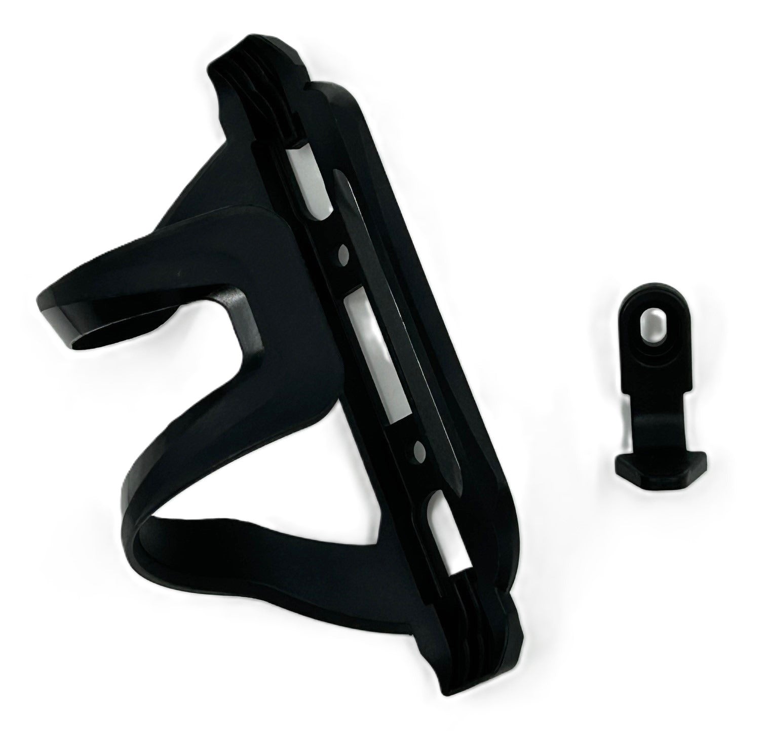 Black bicycle bottle holder with small black cap on a white background