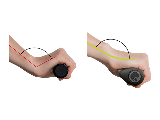 Two pictures showing two hands holding a bicycle grip in the wrong and right position on a white background