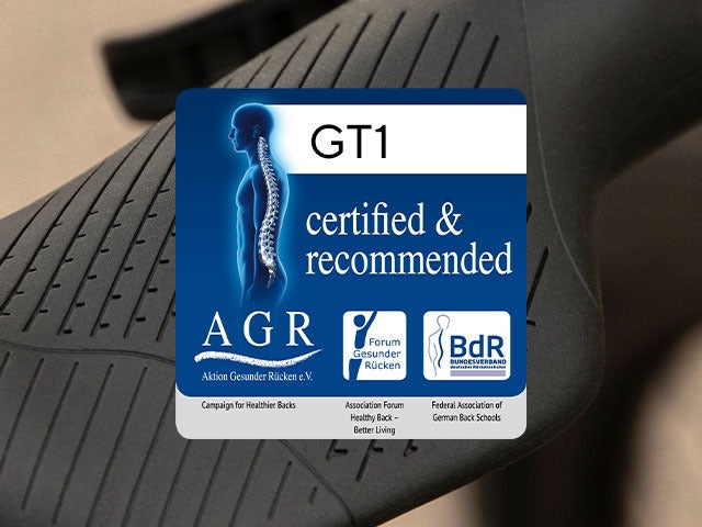 AGR certified and recommended product label on a black bicycle handgrip