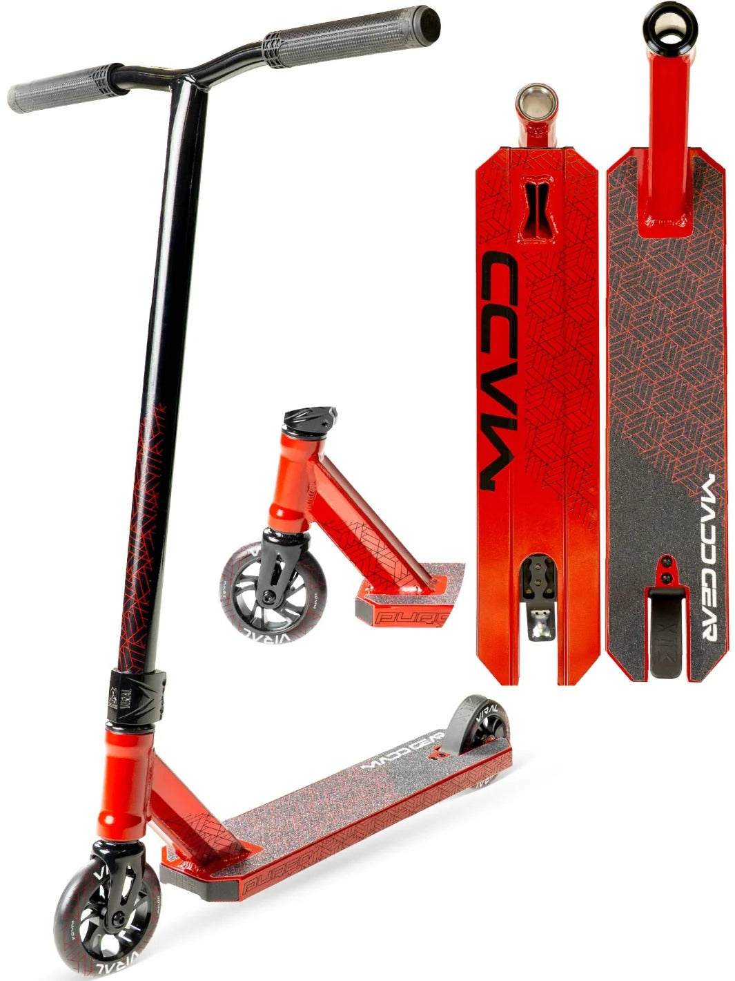 Red scooter with black accents and visible branding on a white background