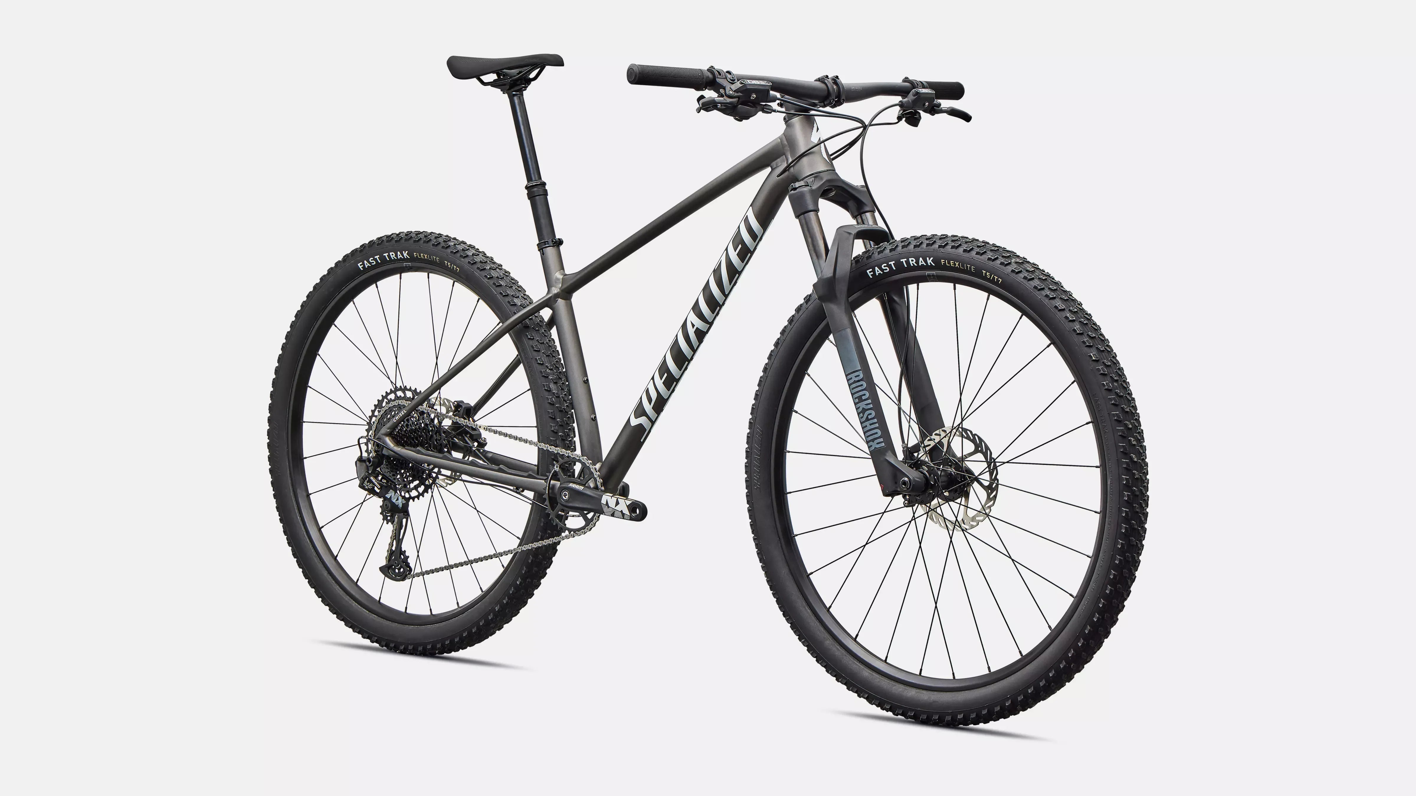 Dark Gray mountain bike with 'Specialized' branding on a white background