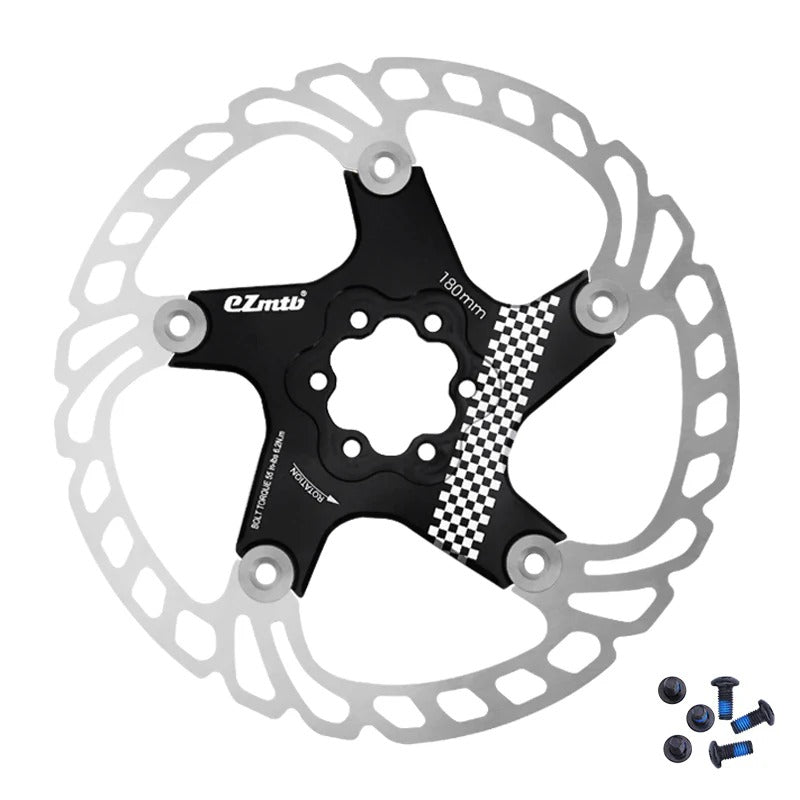 EZMTB bicycle disc rotor with bolts on the side on a white background