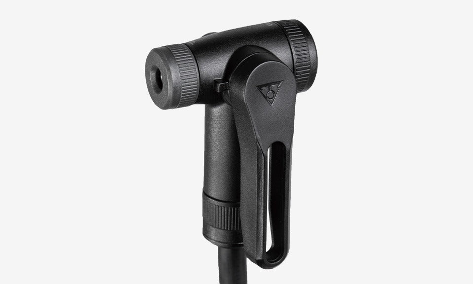 Black bicycle pump head on a white background