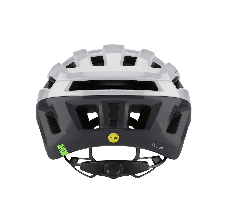 Rear view of a white Road Bike helmet with visible brand logos on a white background