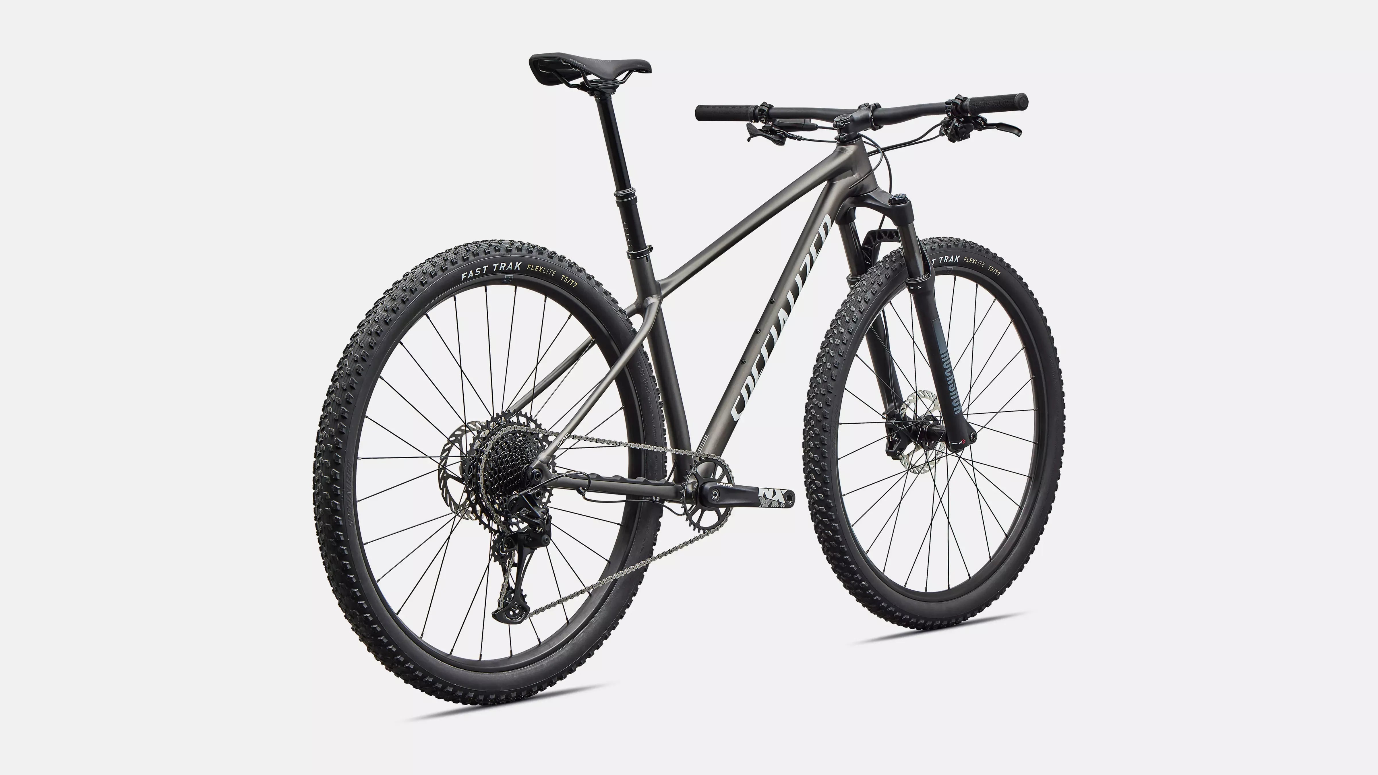 Specialized dark gray mountain bike on a white background