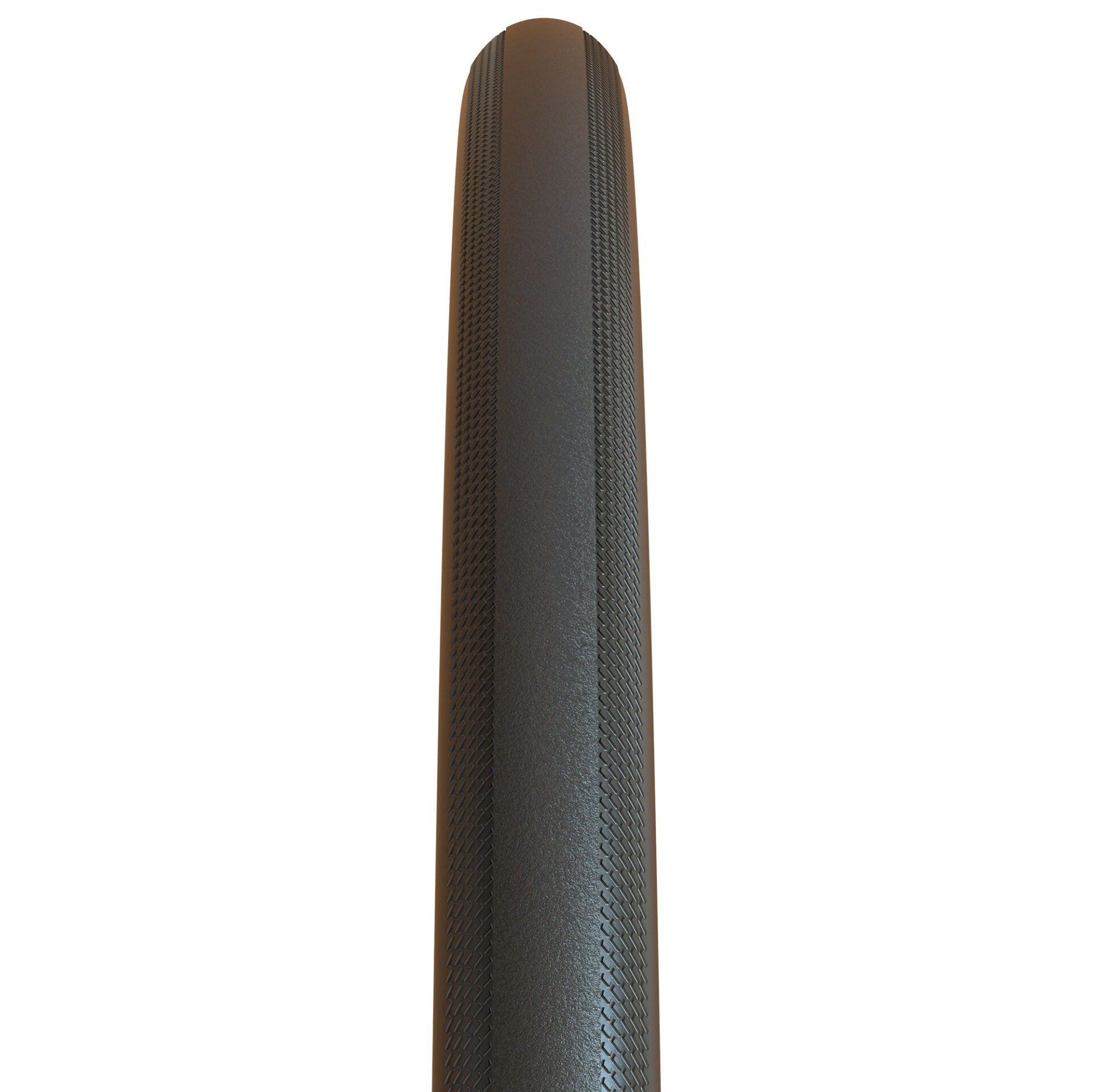 Black road bike tyre with tread pattern on a white background