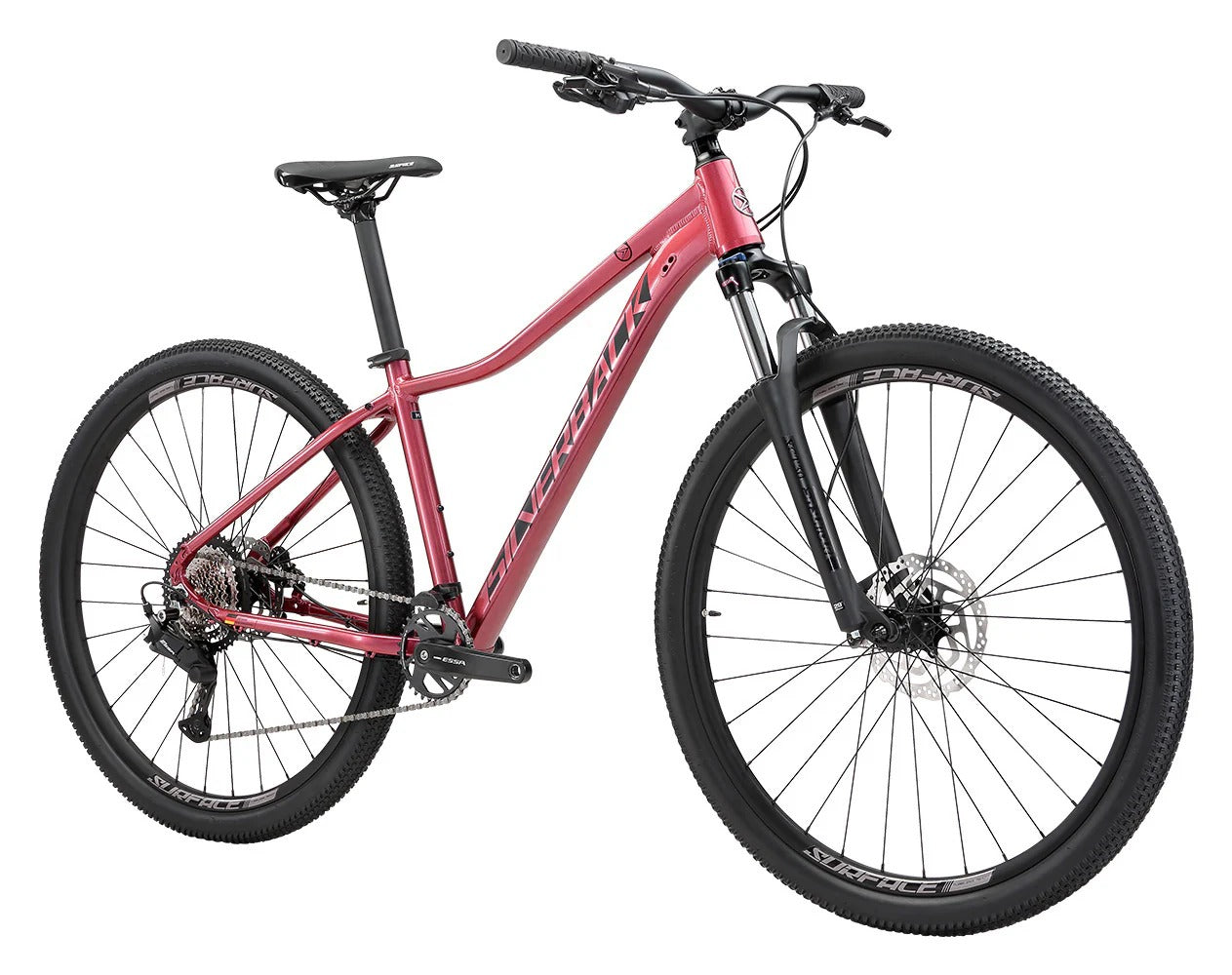 A pinky red ladies mountain bike with a white background