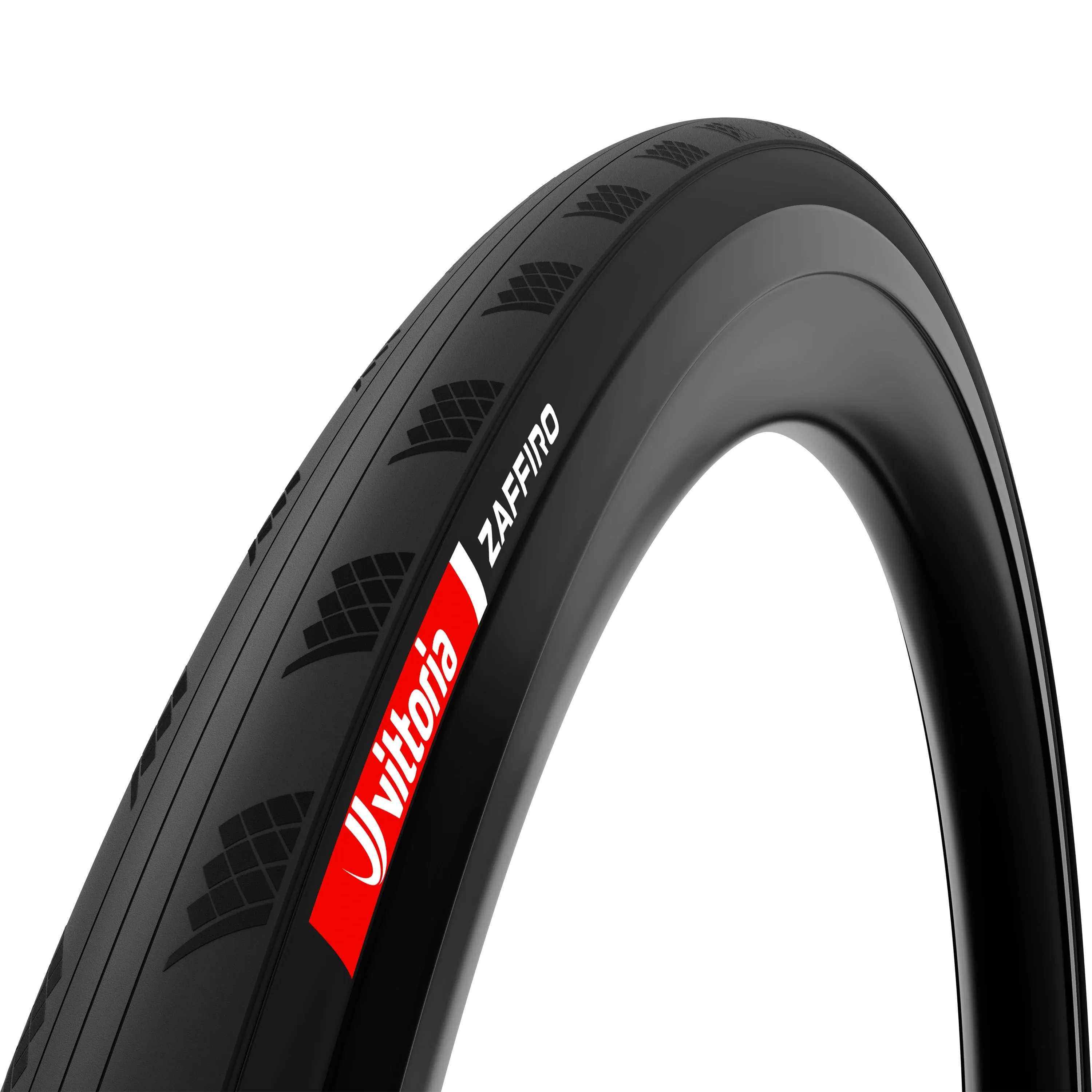 Black road bike tyre with Vittoria Zaffiro branding on a white background