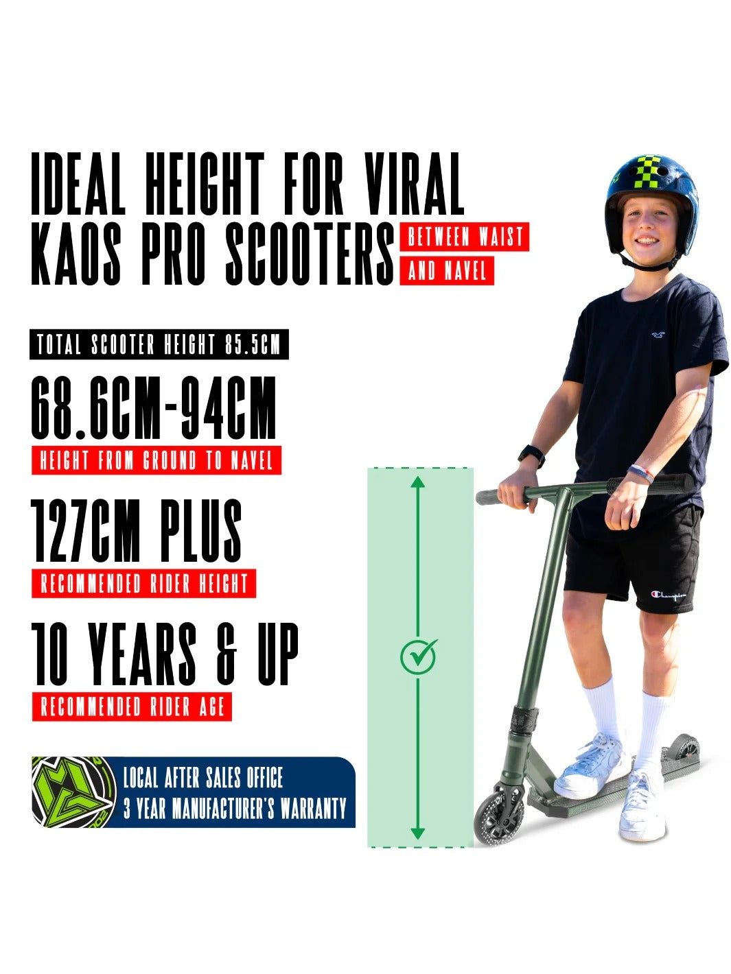 Person with a scooter and height measurement chart on a white background