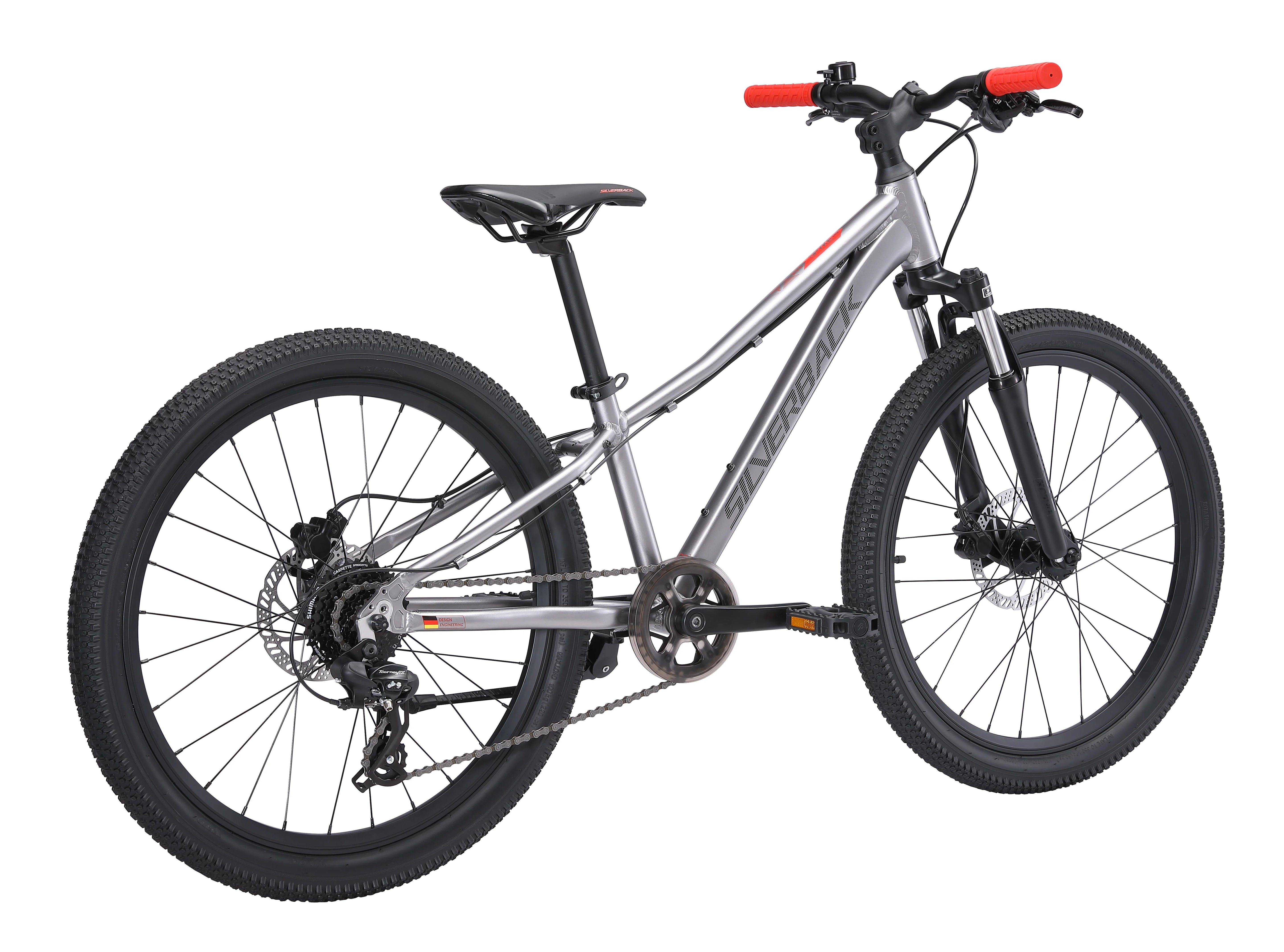 Gray kids bicycle with red handlebars on a white background