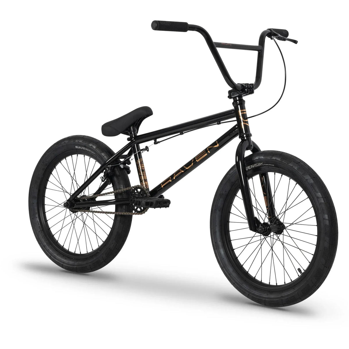 A black BMX Bike with gold 'Raven' brand name printed down the frame on a white background