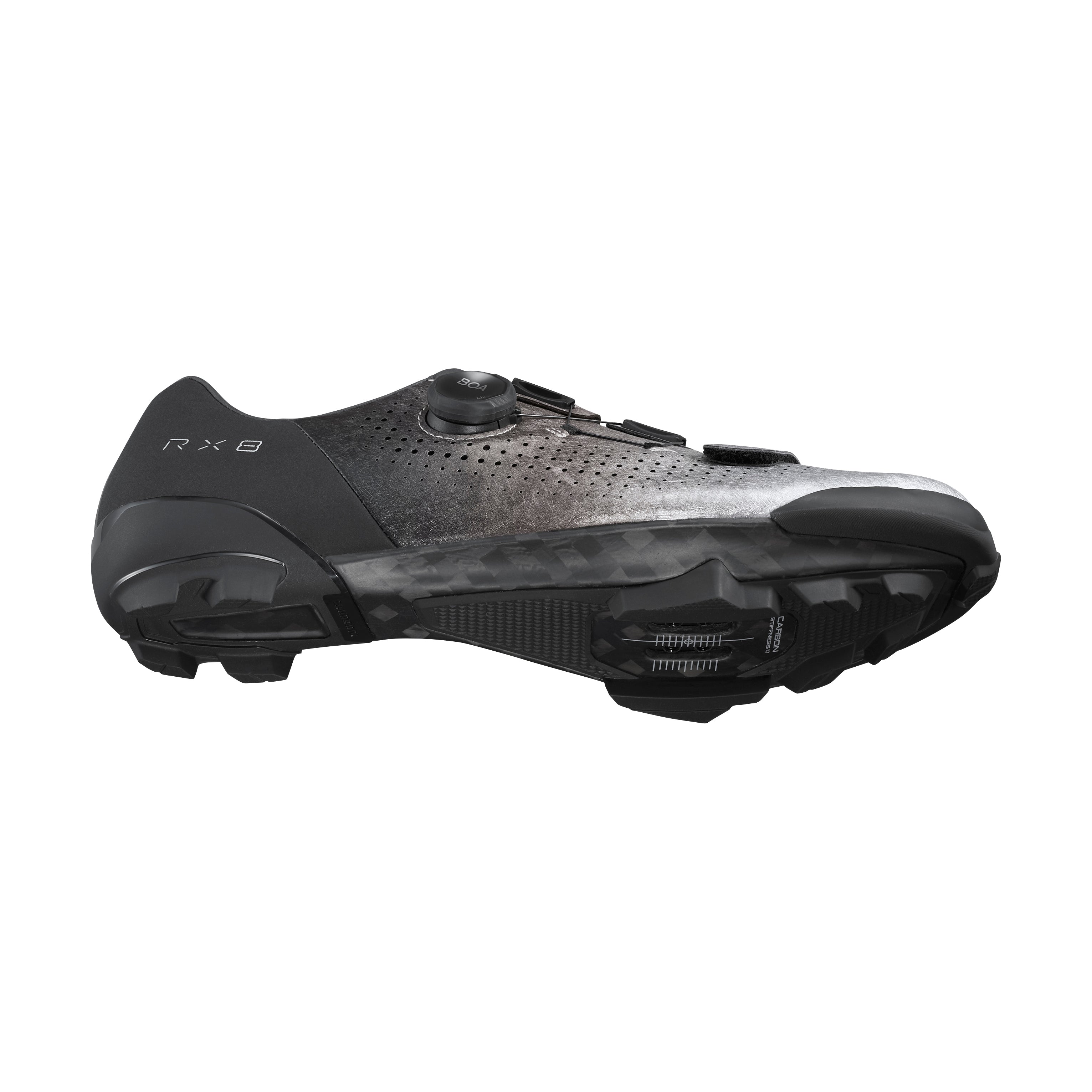 Black mountain bike cycling shoe with 'RX8' branding on a white background