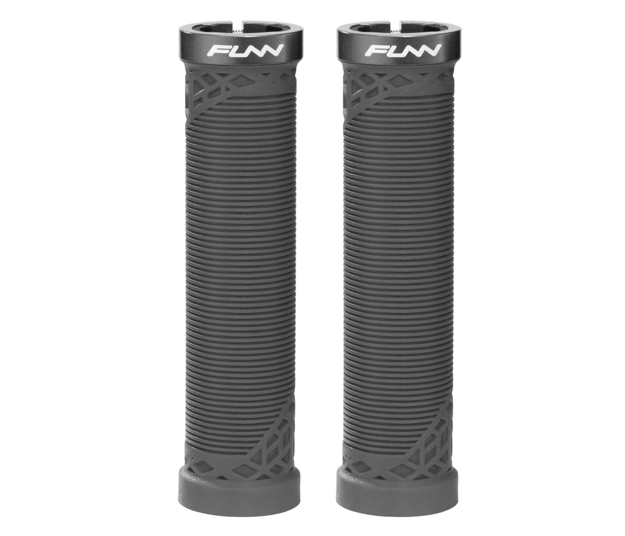 Two dark black bicycle handlebar grips with a ribbed texture and geometric cutouts, featuring the white 'FUNN' brand logo on the top ends, set against a plain white background.