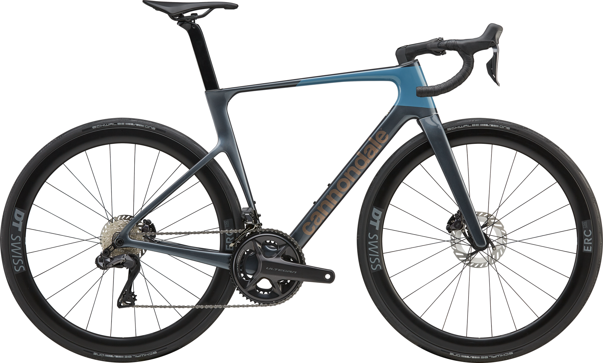 Blue and black Cannondale road bike with disc brakes on a white background