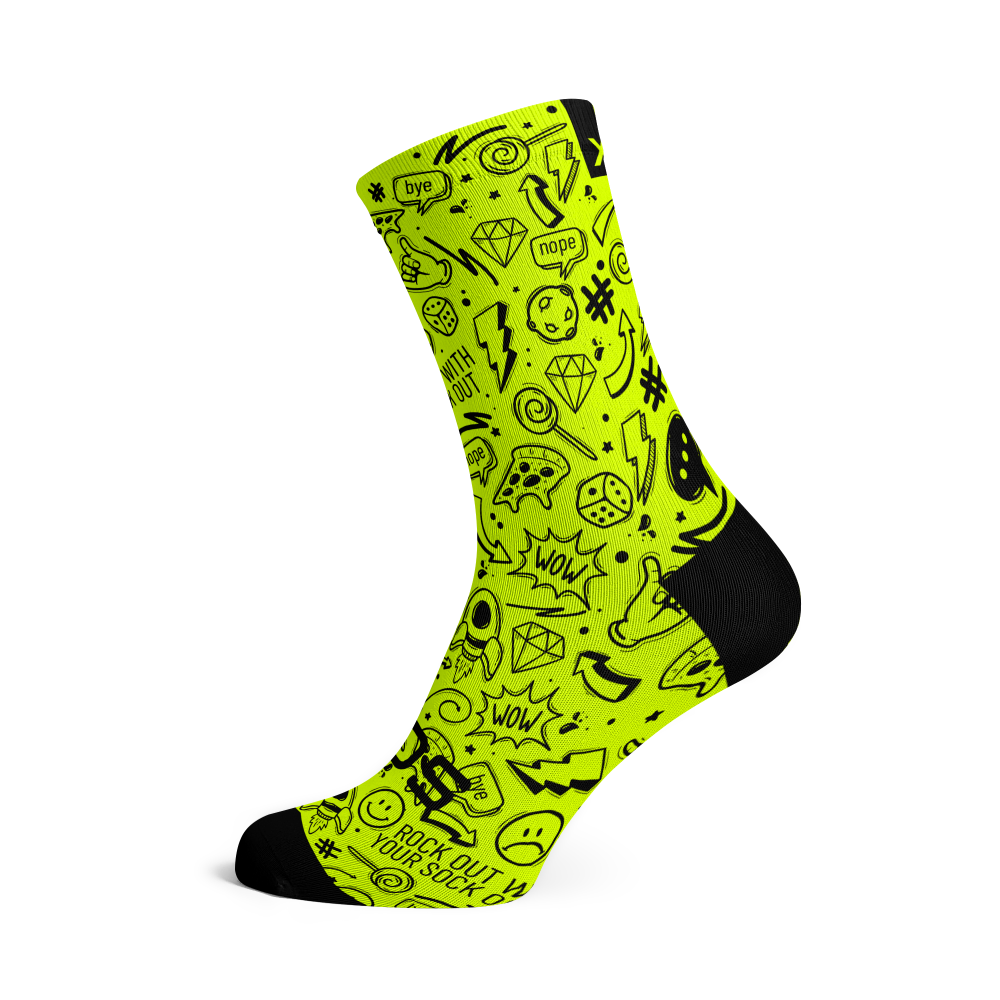 Neon green sock with black doodle patterns on a white background